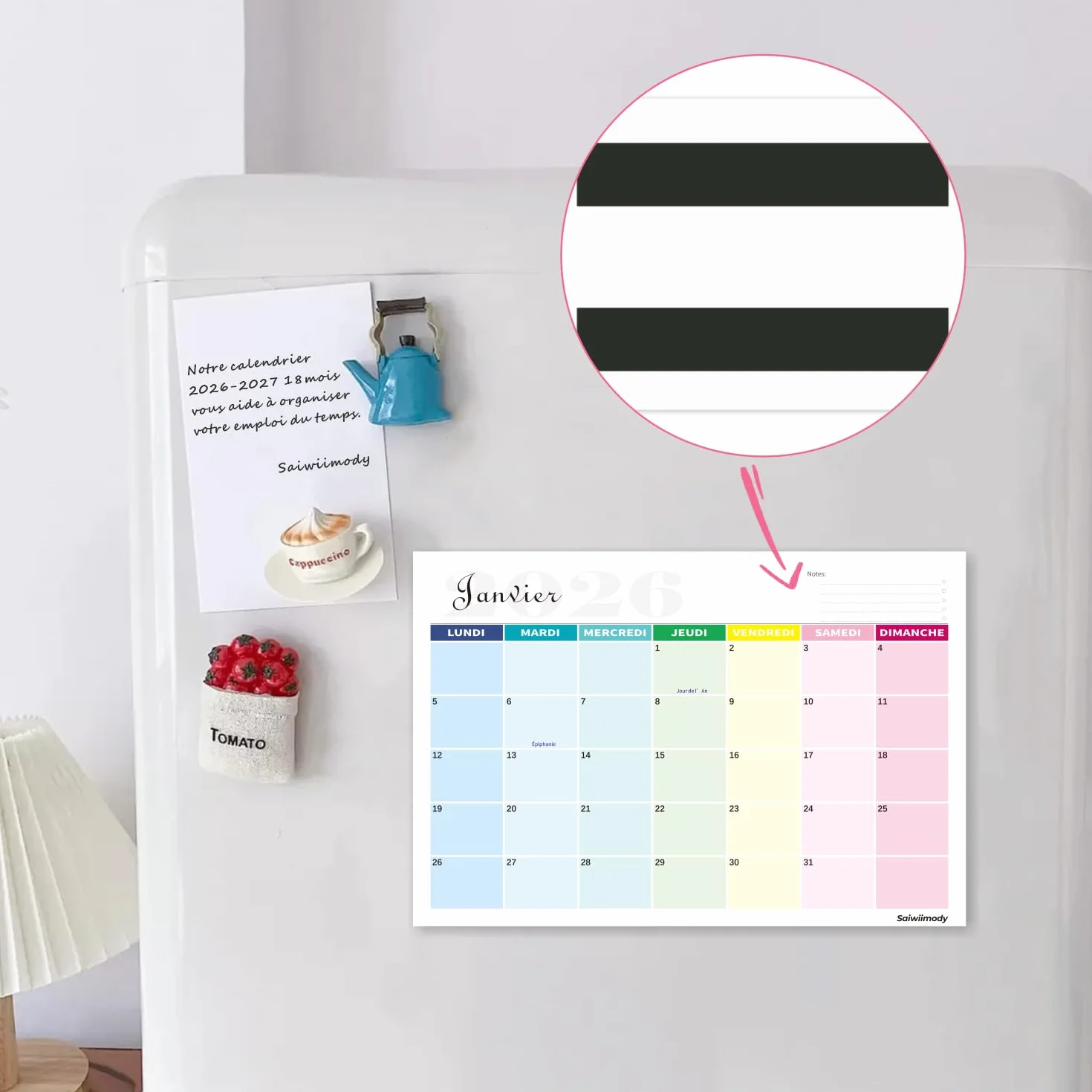 Calendrier Mural 2026 18 Mois Magnétique Frigo 31x21cm Planificateur Mensuel avec Jours Fériés