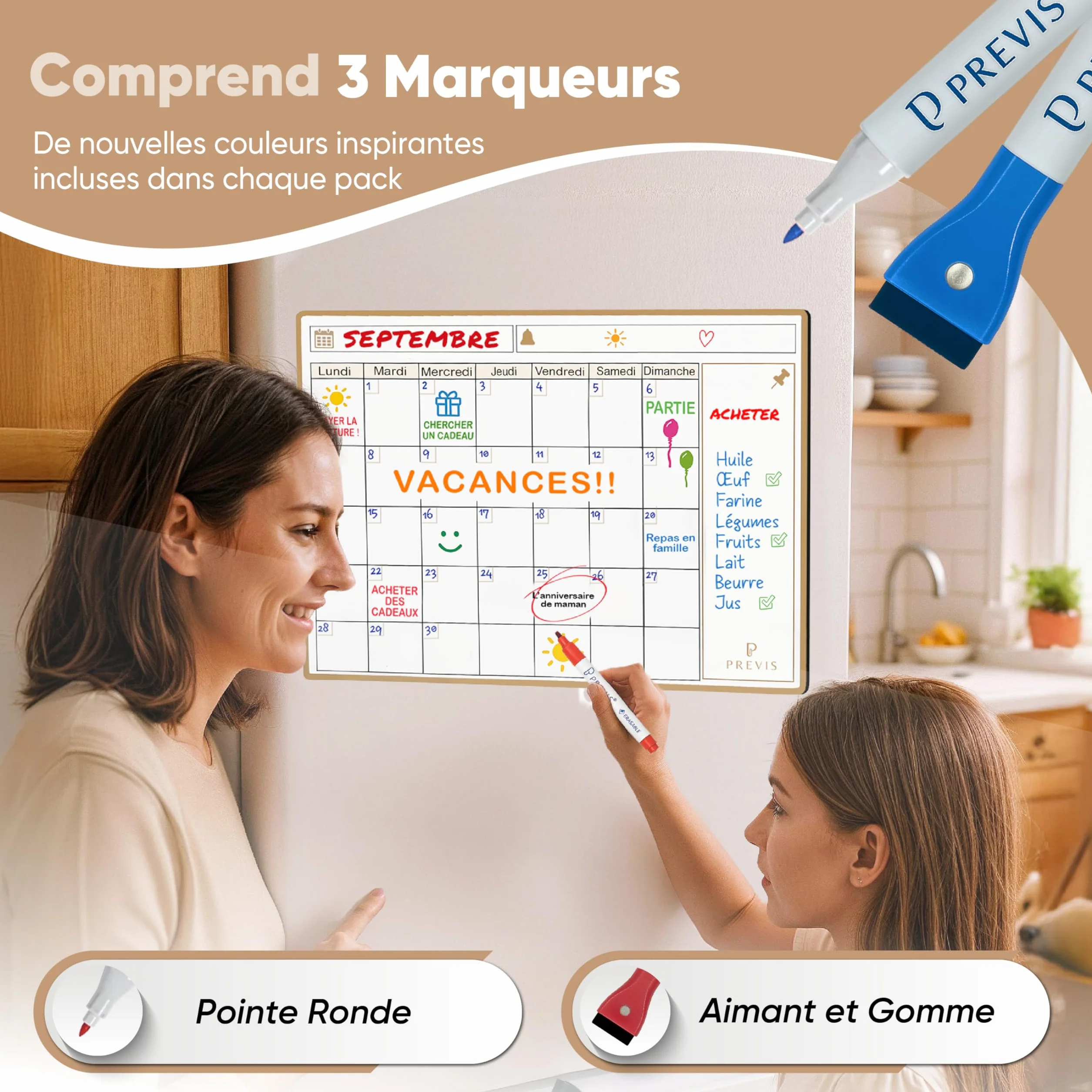 Previs Calendrier Magnetique Frigo A4 (21x29cm) avec 3 Marqueurs Premium - Planning Magnetique Familial 2025 2026