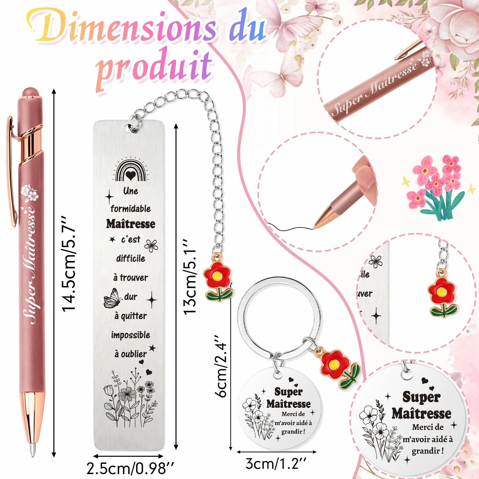 HOWAF Trousse Maîtresse d'École Cadeau Set avec Porte Clef Stylo Bille Marque Page