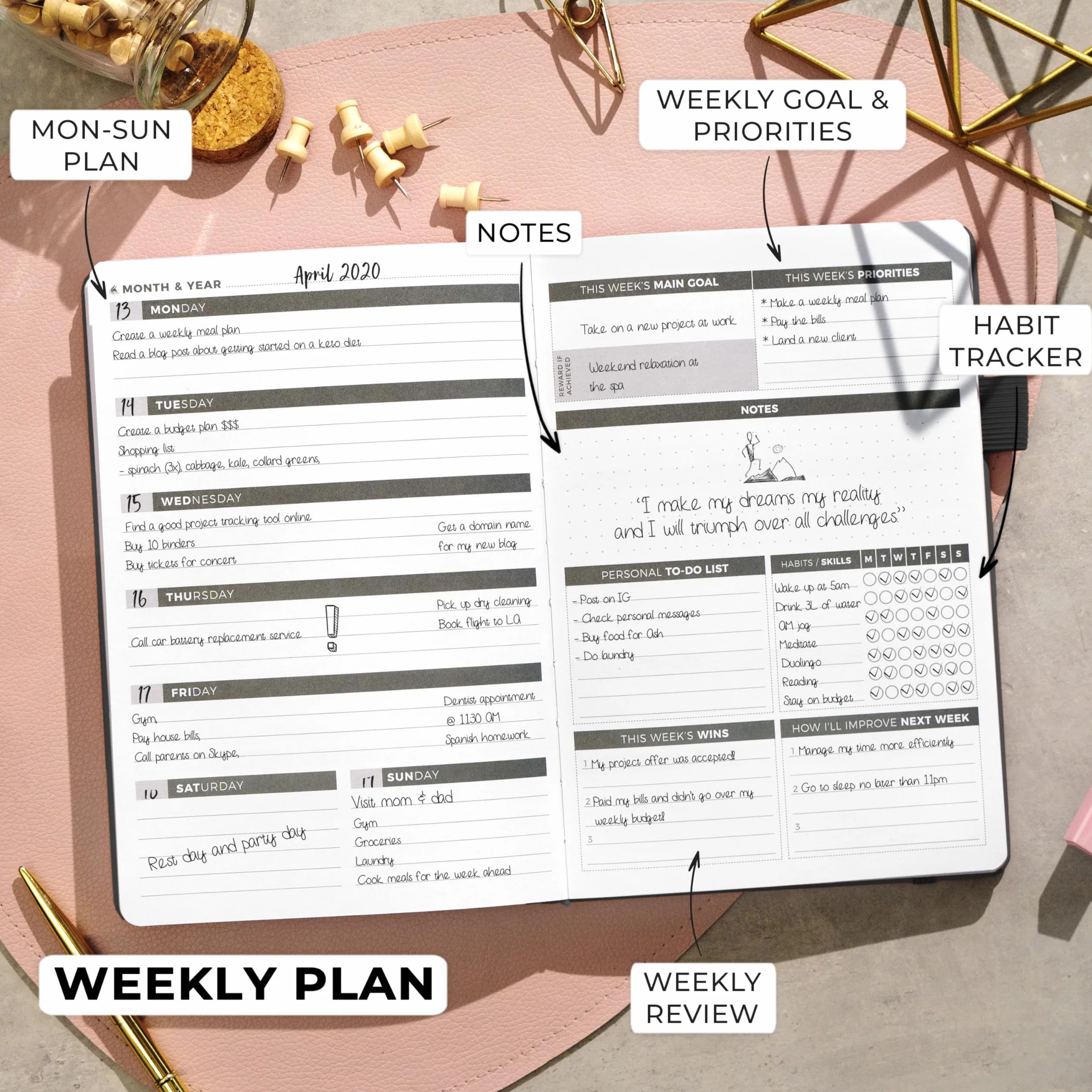 Clever Fox Planificateur Agenda Personnel Noir - Journal Quotidien et Hebdomadaire