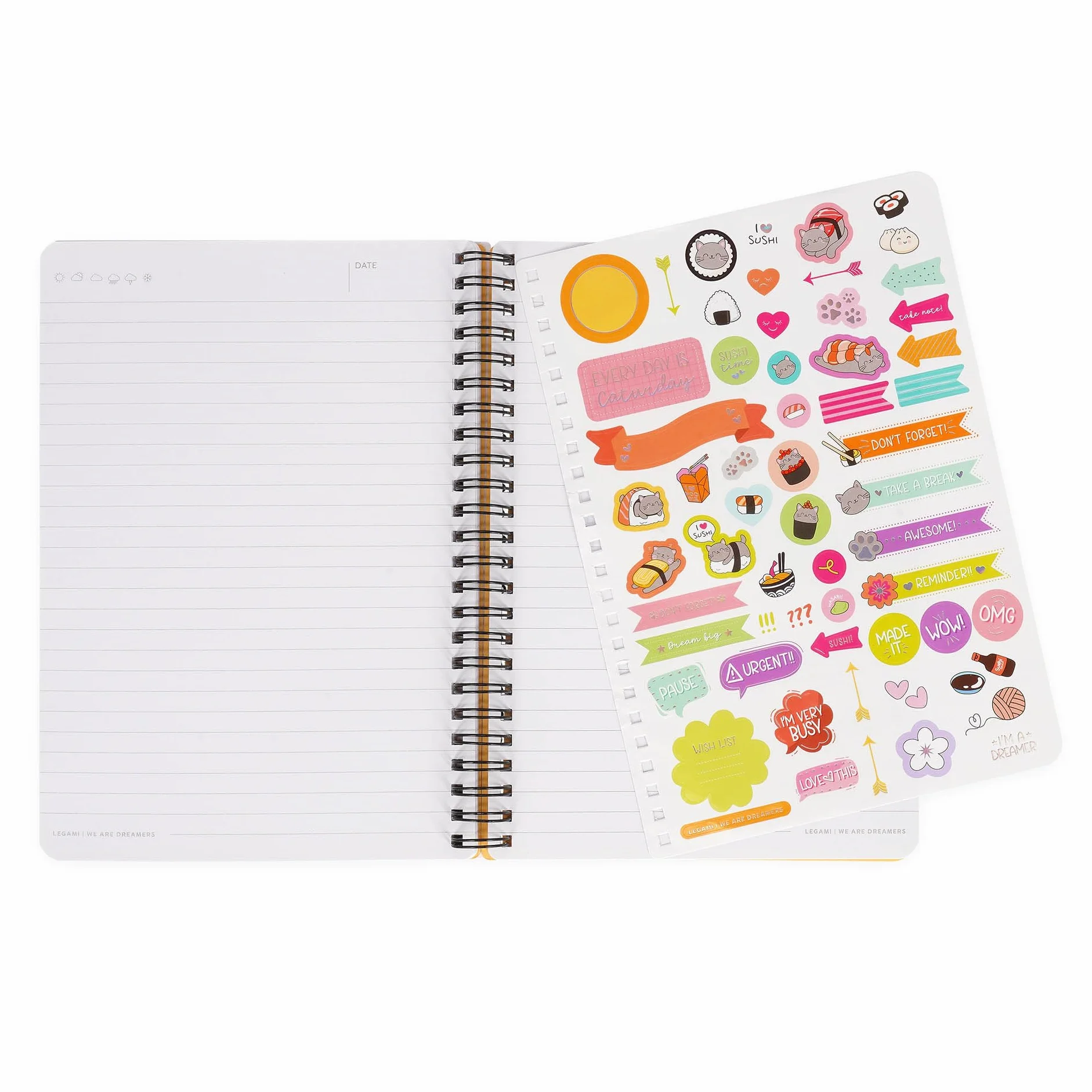 LEGAMI Cahier à spirales ligné 7 mm A4 Sushi Cat 160 pages Fermeture élastique 15 x 21 cm