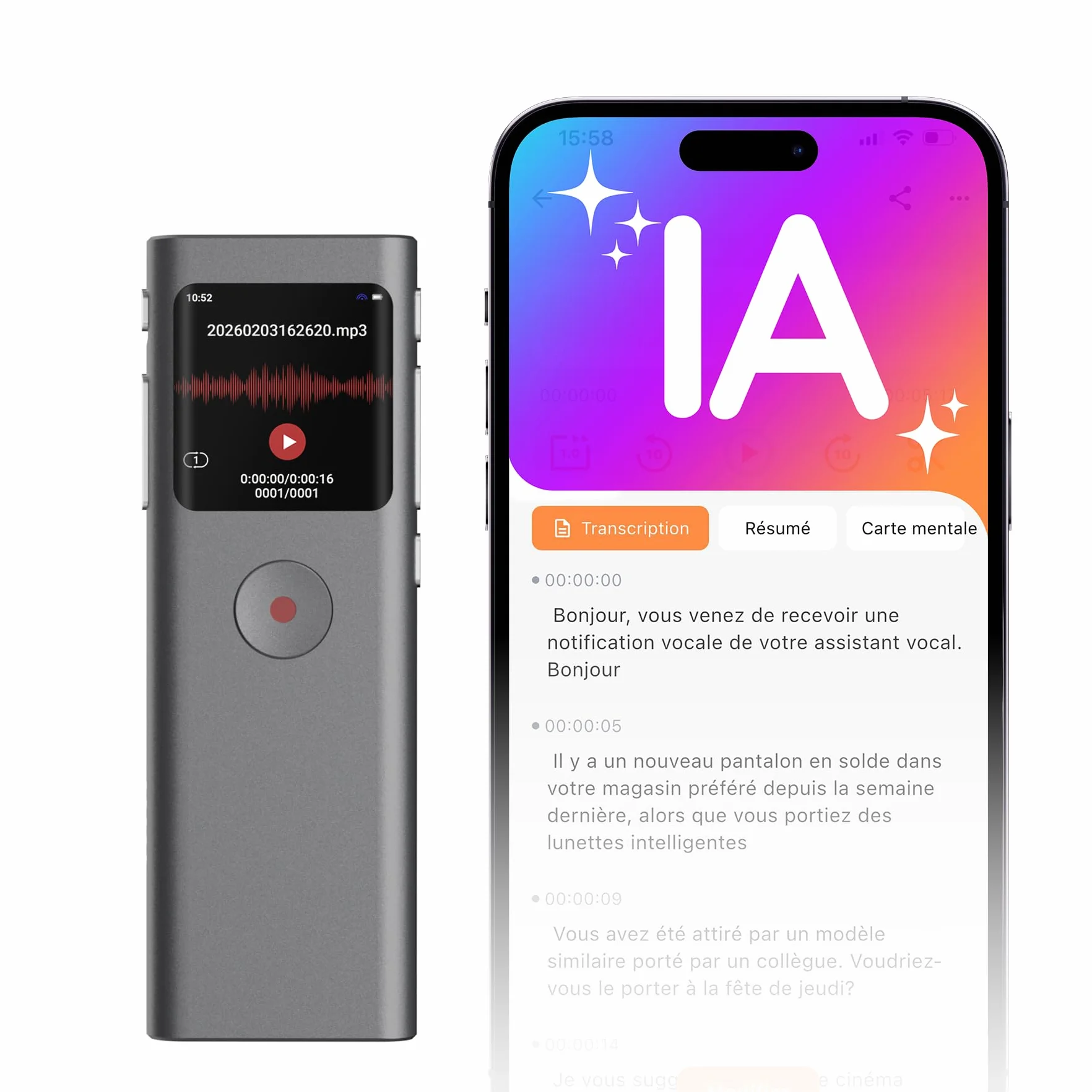 Enregistreur Vocal IA Dictaphone Numérique 64 Go Transcription Résumé 90+ Langues Enregistrement HD Réduction Bruit