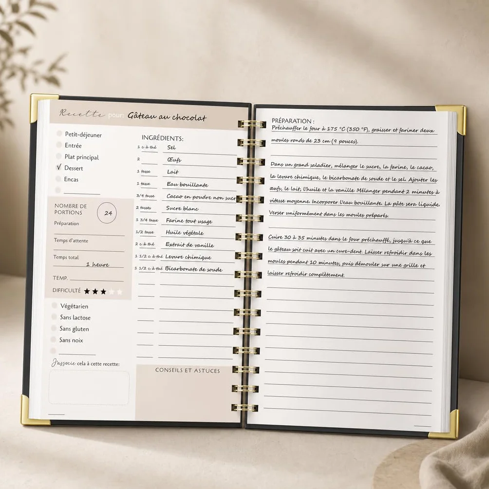 Carnet de recette à remplir A5, cahier de recettes vierge pour 100 recettes, livre de cuisine