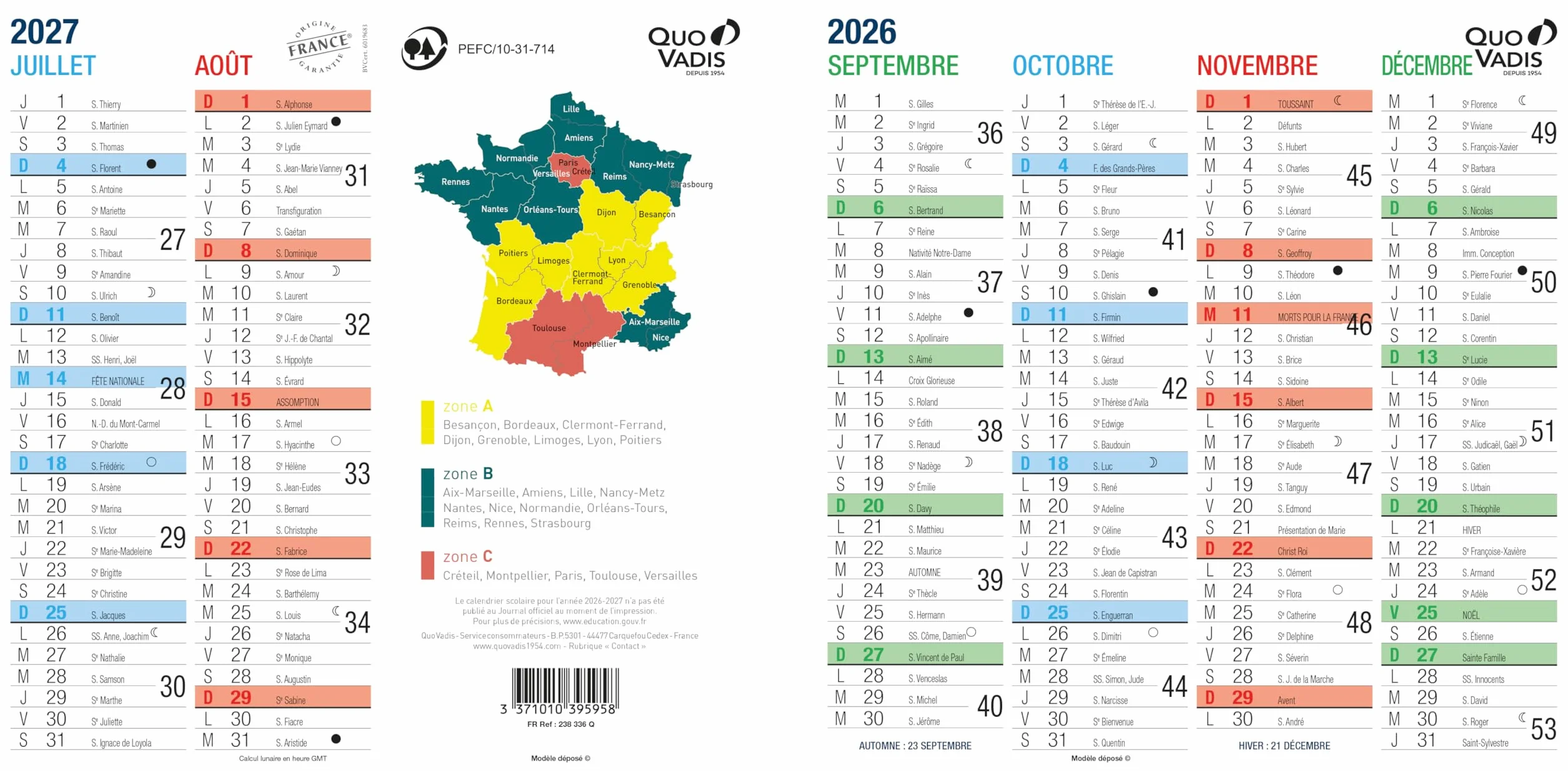 Calendrier origami Quo Vadis 2026-2027 36x18 cm Papier Clairefontaine blanc Fabrication française