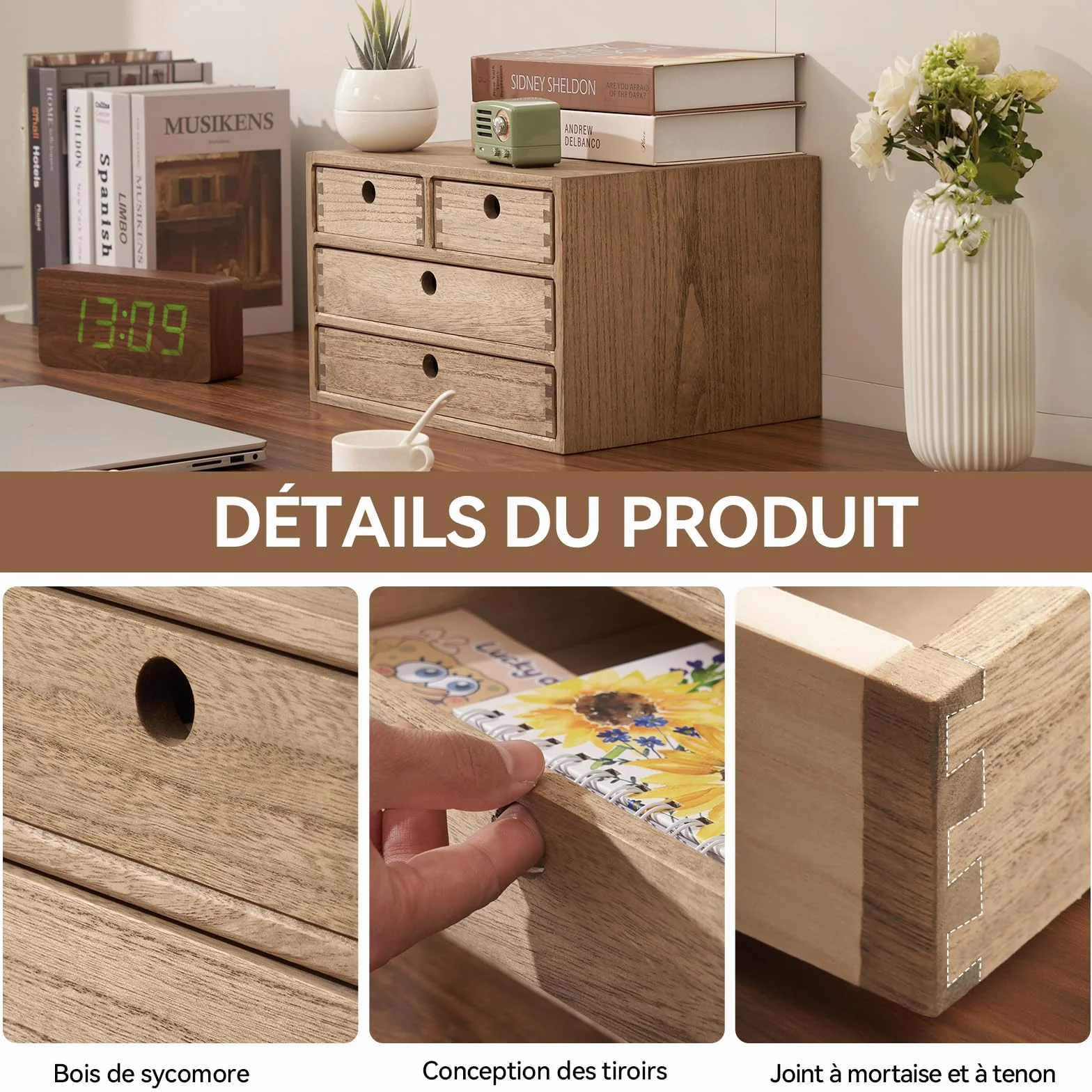 KIRIGEN Boîtes à tiroirs en bois 3 étages 4 tiroirs brun rangement bureau
