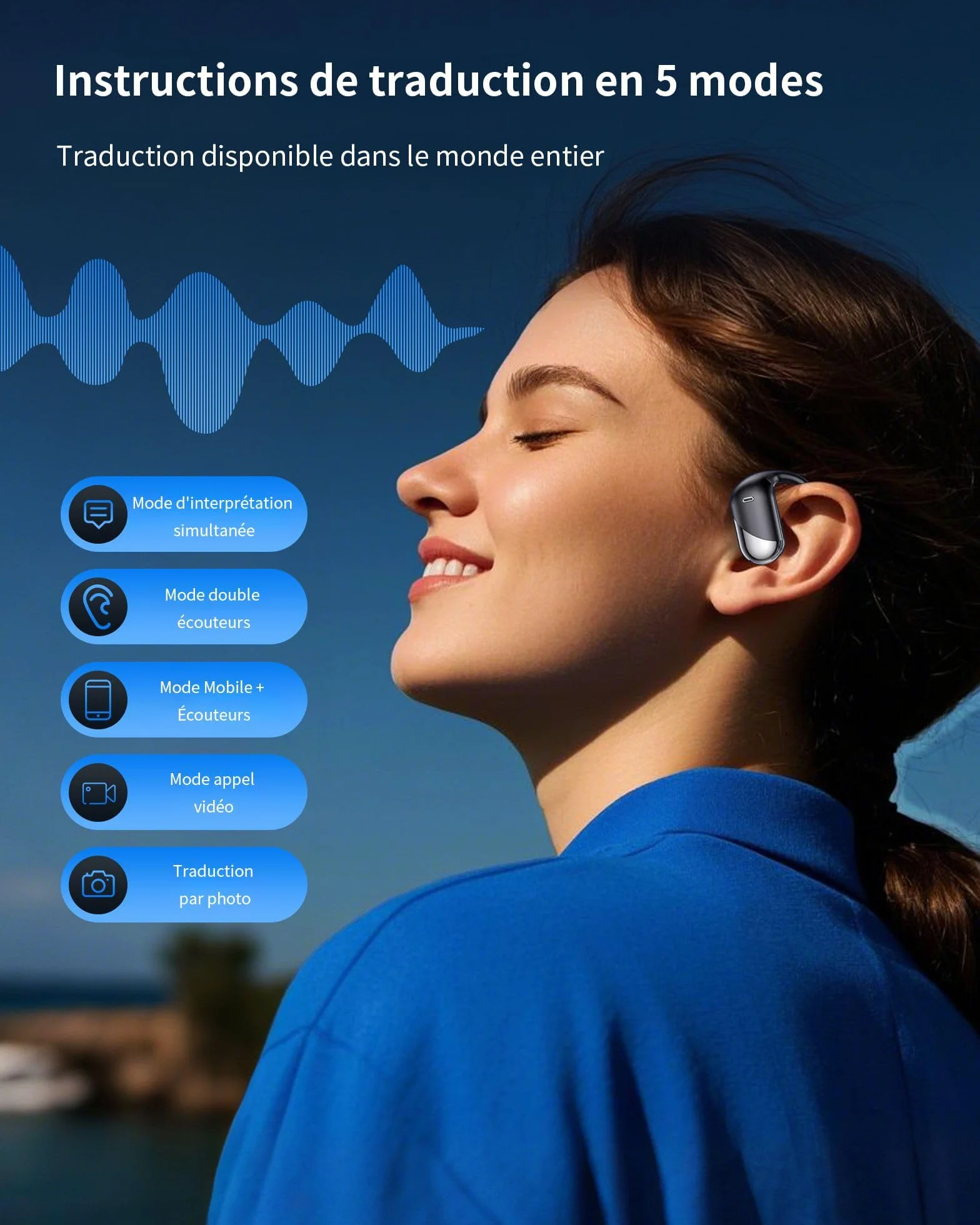 Oreillette de Traduction Instantanée 3 en 1, Bluetooth 6.1, 198 Langues, Autonomie 80 Heures