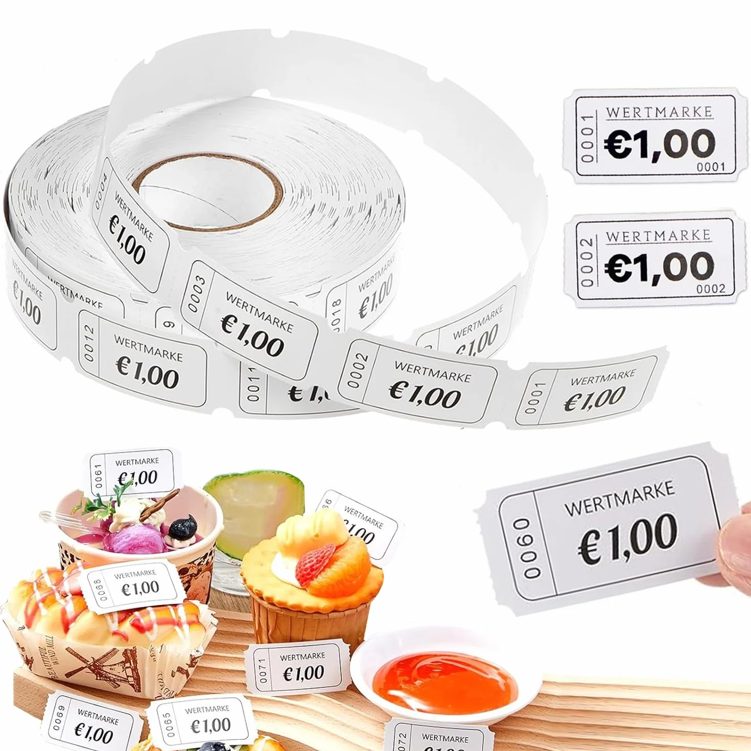 Rouleau de Jetons 1000 pcs Jetons Buvette de Valeur Déchirable Ticket Repas Alimentation à Numéro Consécutif