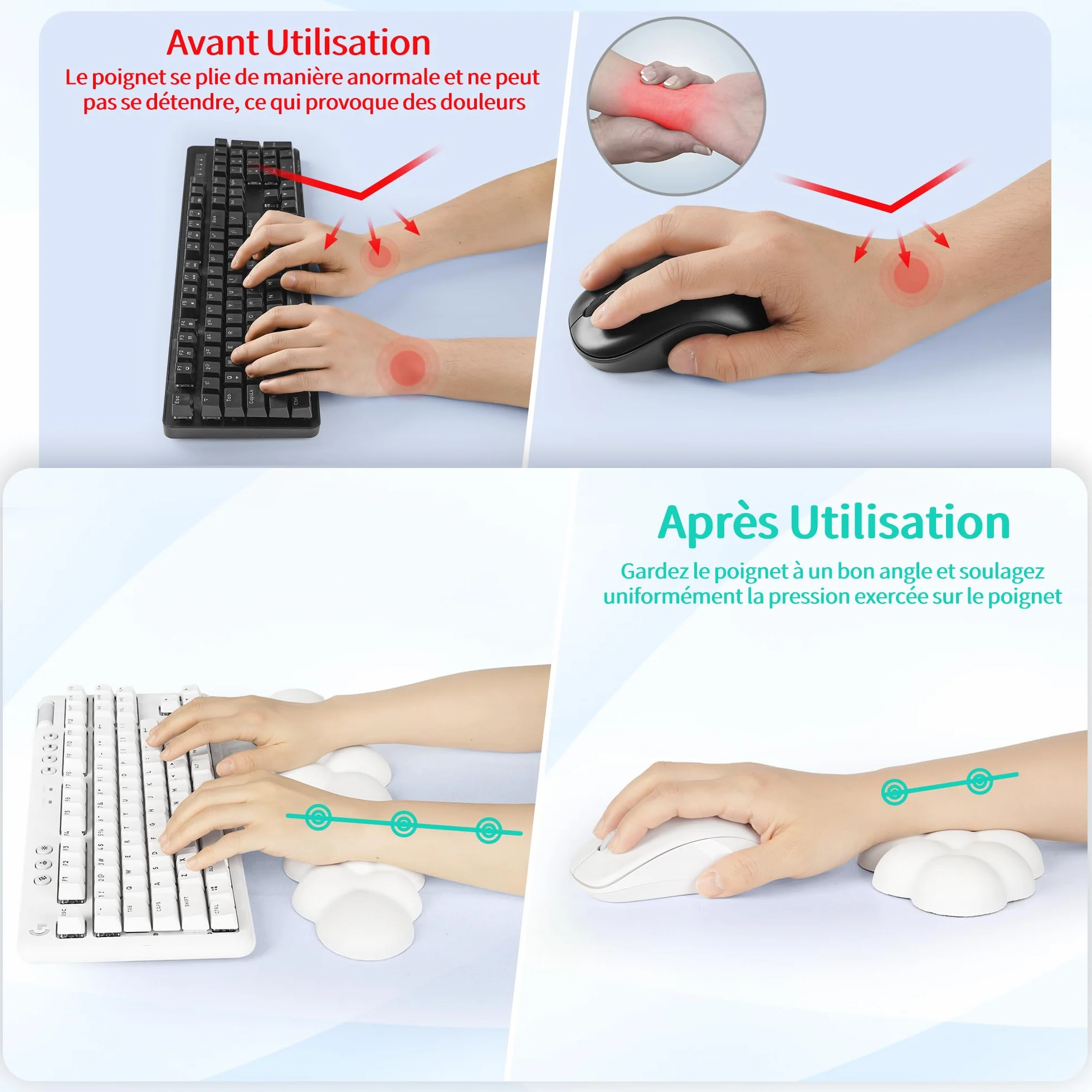 Repose-poignet ergonomique en forme de nuage pour clavier et souris, mousse à mémoire de forme, cuir synthétique