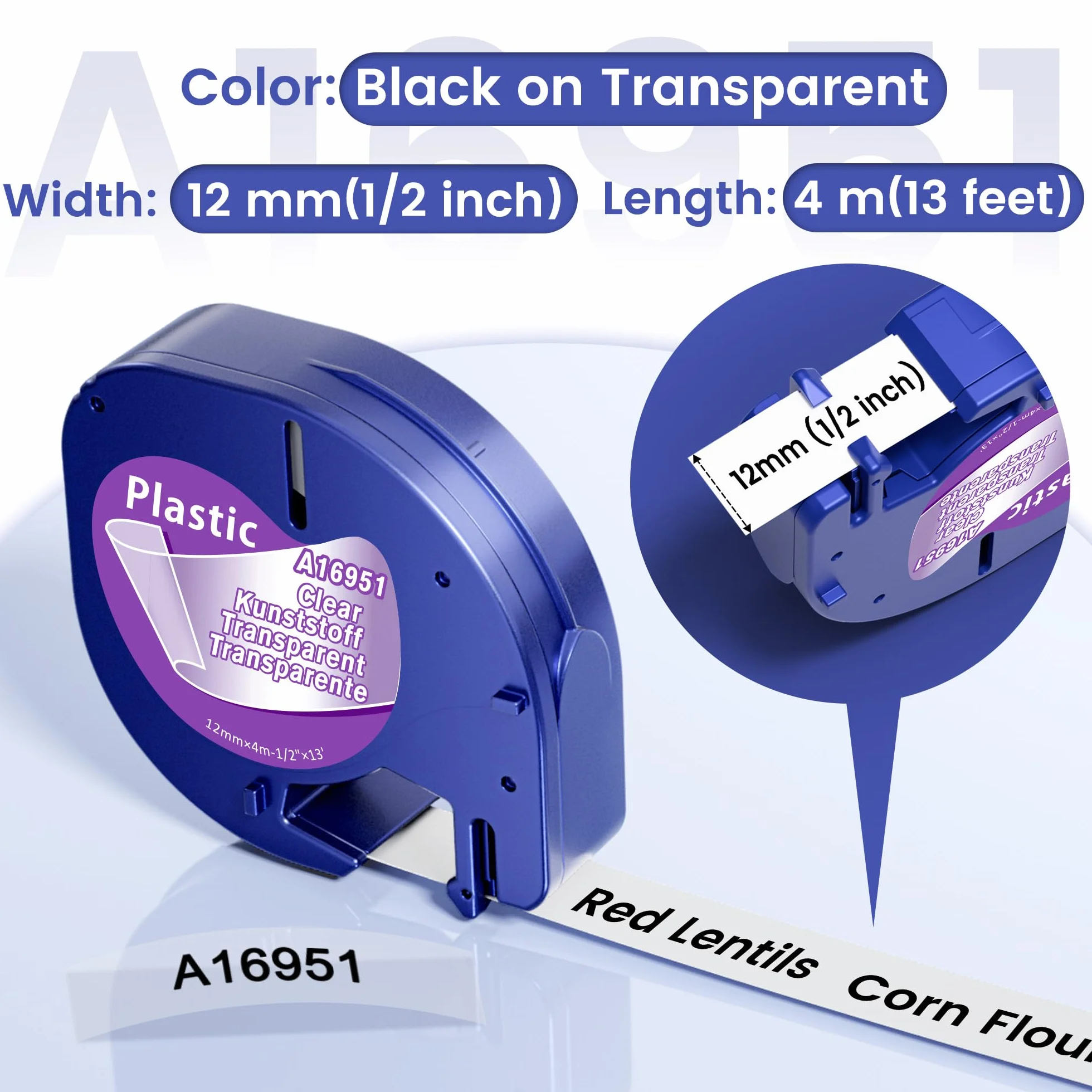MarkField Ruban Compatible Dymo Letratag Transparent 12mm x 4m, Noir sur Transparent