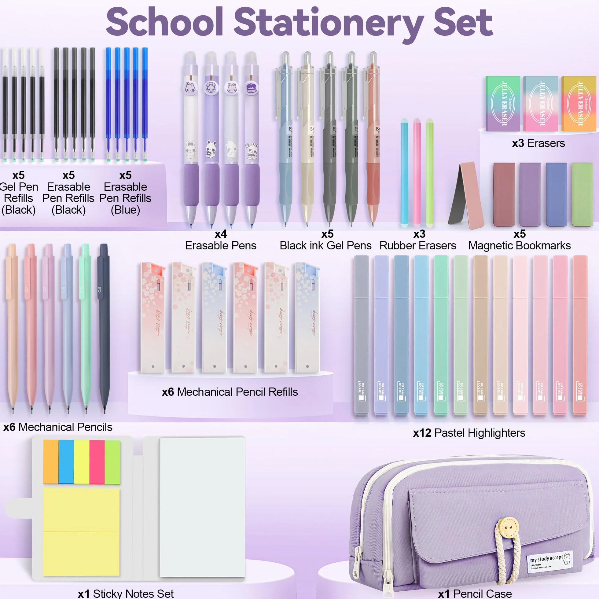DazSpirit Lot de 61 Fournitures Scolaires Esthétiques avec Trousses, Surligneur Pastel, Stylos Effaçables, Stylos Gel, Porte Mine 0.5 mm et 0.7 mm, Violet