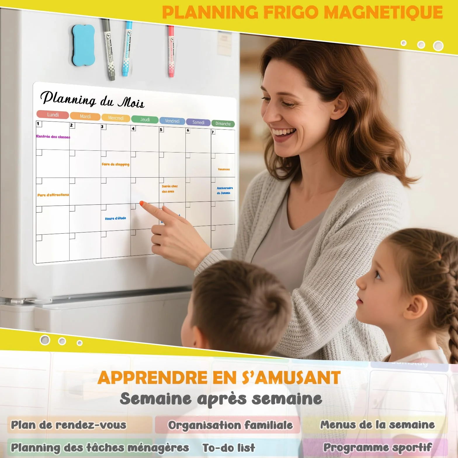 Plannings Frigo Magnétiques Effaçables – Semainier, Mensuel & Journalier – Organisation Famille, Menus & Tâches – Kit Réutilisable