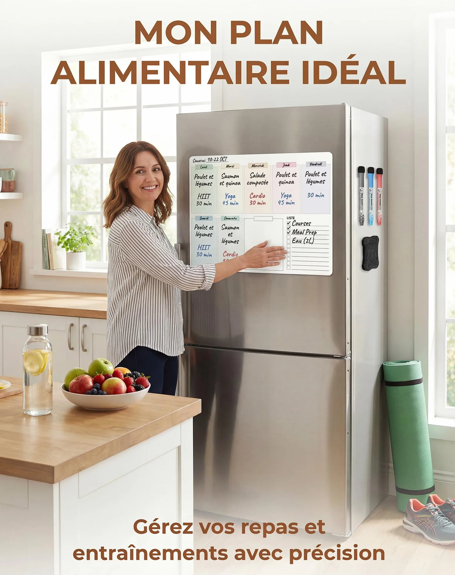 Frigo magnétique effaçable Semainier organisateur familial pour réfrigérateur Tableau blanc réutilisable menus tâches rendez-vous