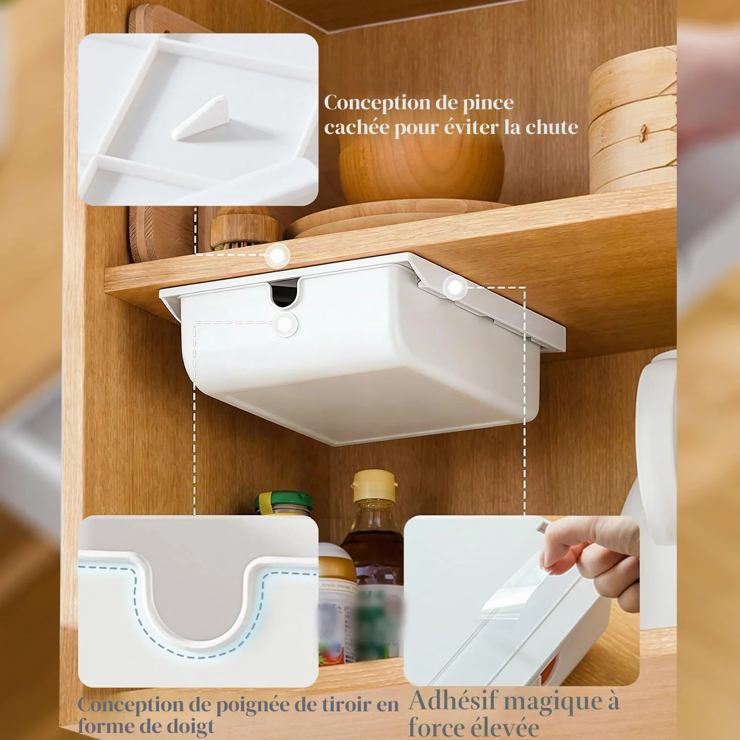 FRETONBA Mini boîte de rangement autocollante sous le bureau - Organiseur de tiroir caché Blanc