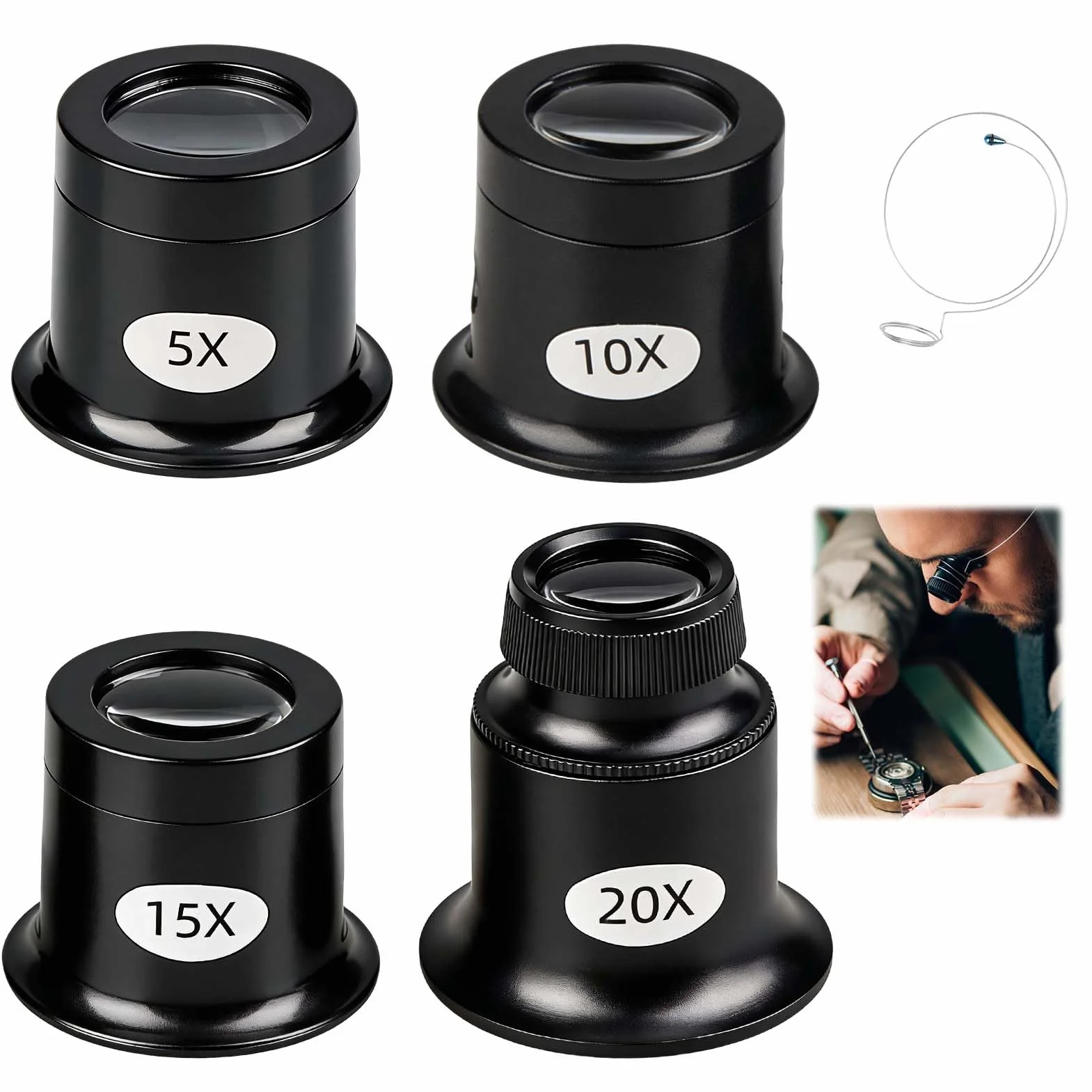 4 Pièces Loupes de Bijoutier 5X 10x 15x 20x Loupe Horloger avec Porte-Fil pour Montre Horloge Réparation