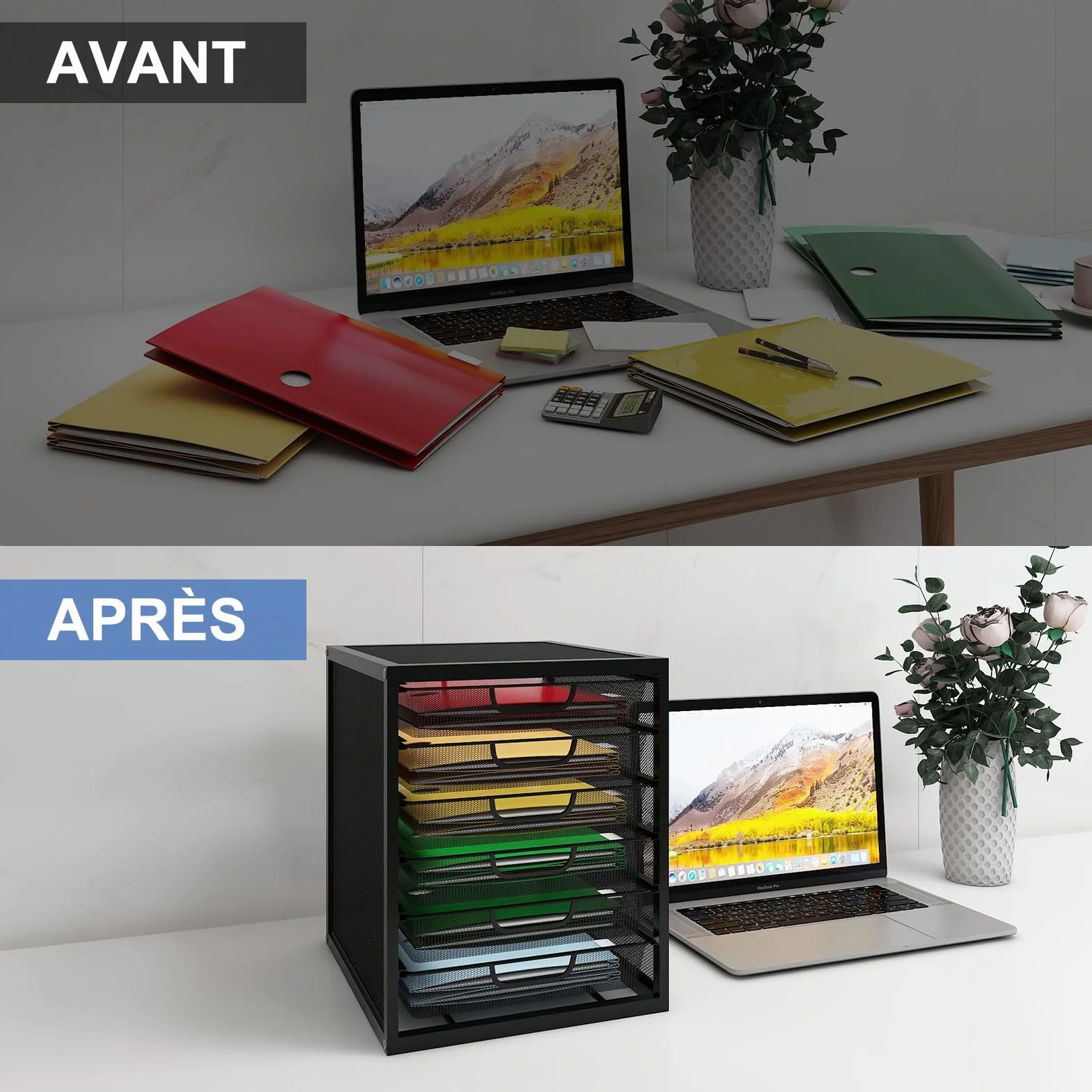 PUNCIA Bac à Courrier en Maille Métallique 6 Niveaux Organiseur de Bureau Multimédia Boîte de Rangement Noir