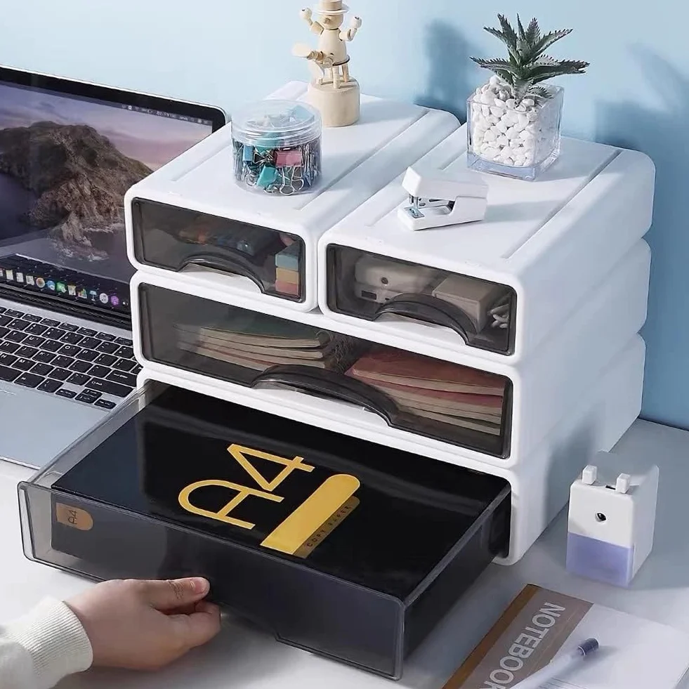 Lot de 4 organiseurs de bureau empilables - Boîte de rangement pour tiroir stylos agrafeuse notes adhésives A4