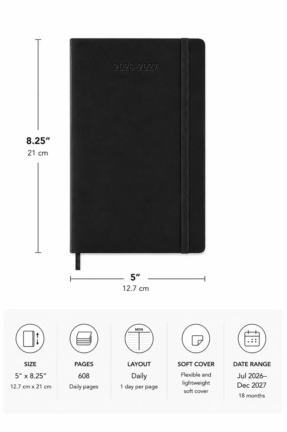Moleskine Agenda Journalier 2026 2027 18 mois Couverture Souple Fermeture Élastique Noire Large 13 x 21 cm