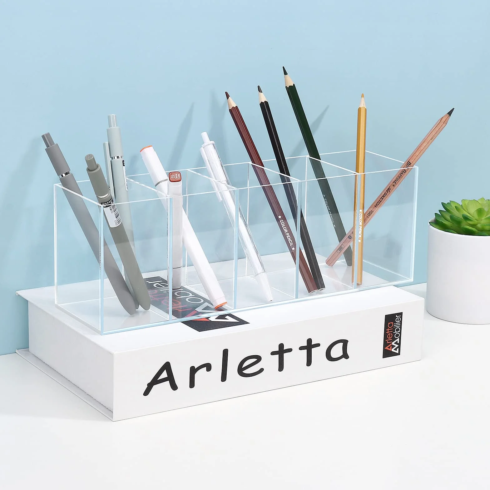 Pot à crayon acrylique transparent 5 compartiments porte-stylo rangement pinceaux maquillage organisateur bureau