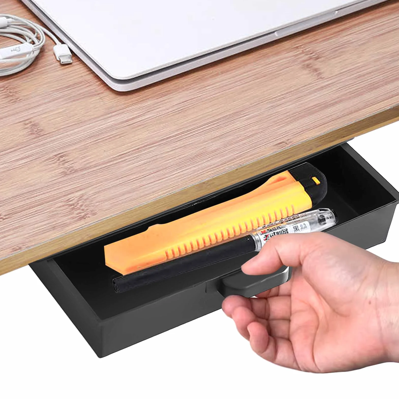 Tiroir de Bureau Organiseur, Boîte de Rangement Sous le Bureau, Tiroir Coulissant Auto-adhésif Grande Capacité (Noir)