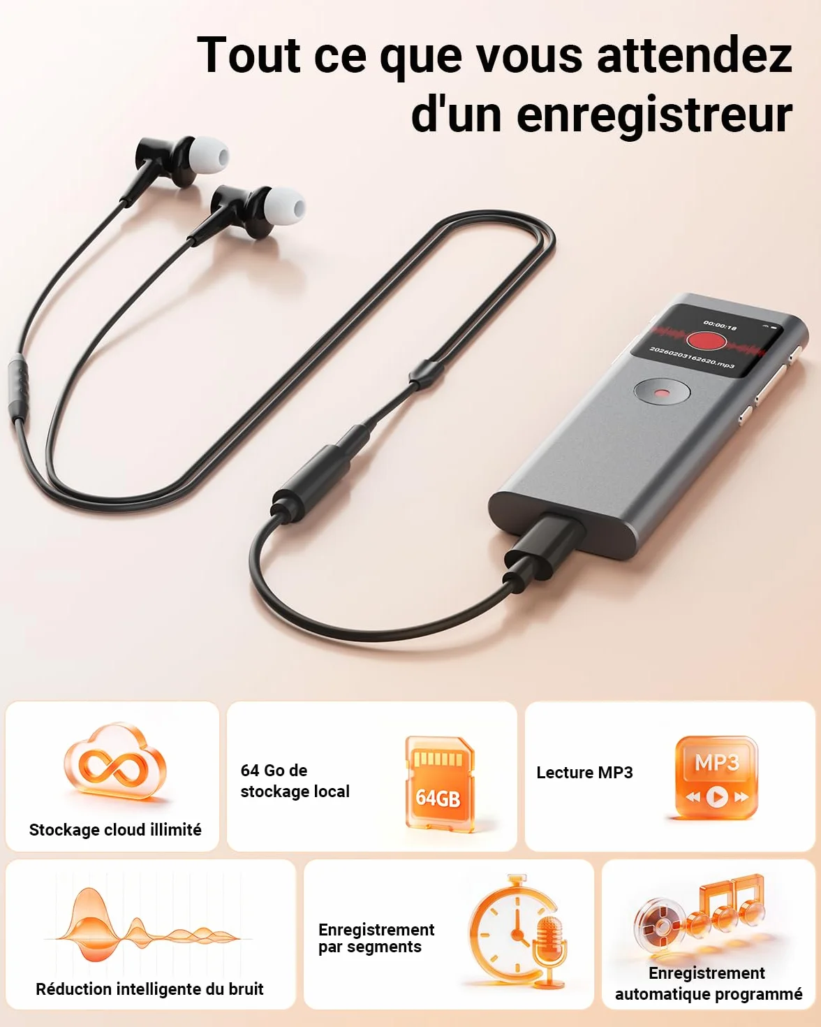 Enregistreur Vocal IA Dictaphone Numérique 64 Go Transcription Résumé 90+ Langues Enregistrement HD Réduction Bruit