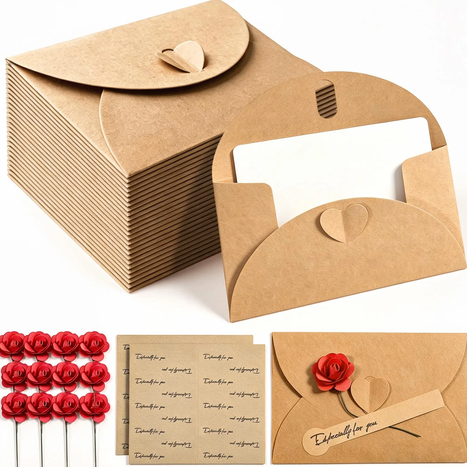 Petites Enveloppes Kraft 20 Pièces avec Cartes Vierges et Autocollants, Mini Enveloppes Coeur pour Cartes Cadeaux DIY