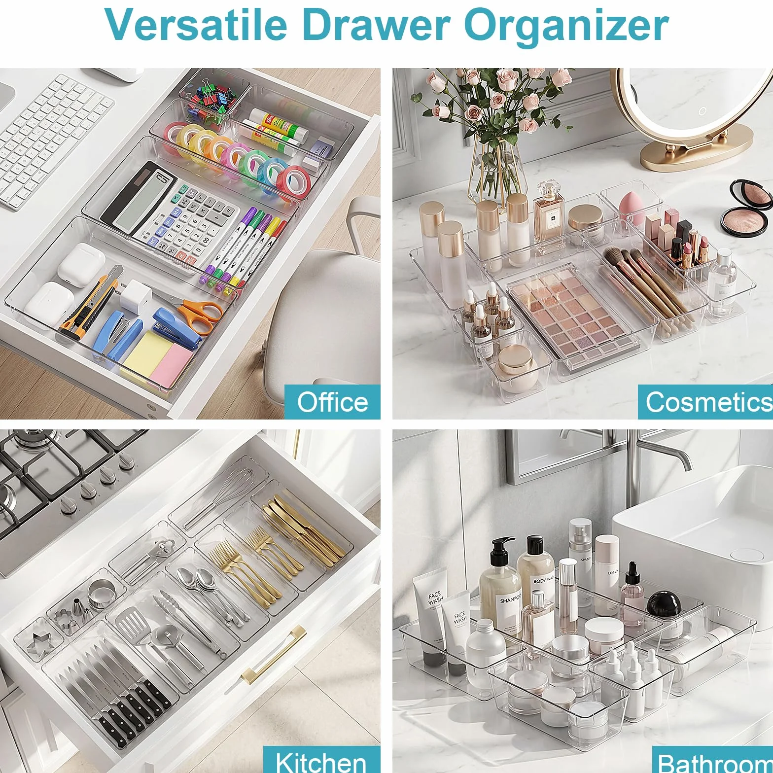Radikor Lot de 16 Organisateurs de Tiroir, Bacs de Rangement Plastique Transparent, 4 Tailles pour Salle de Bain, Cuisine et Bureau