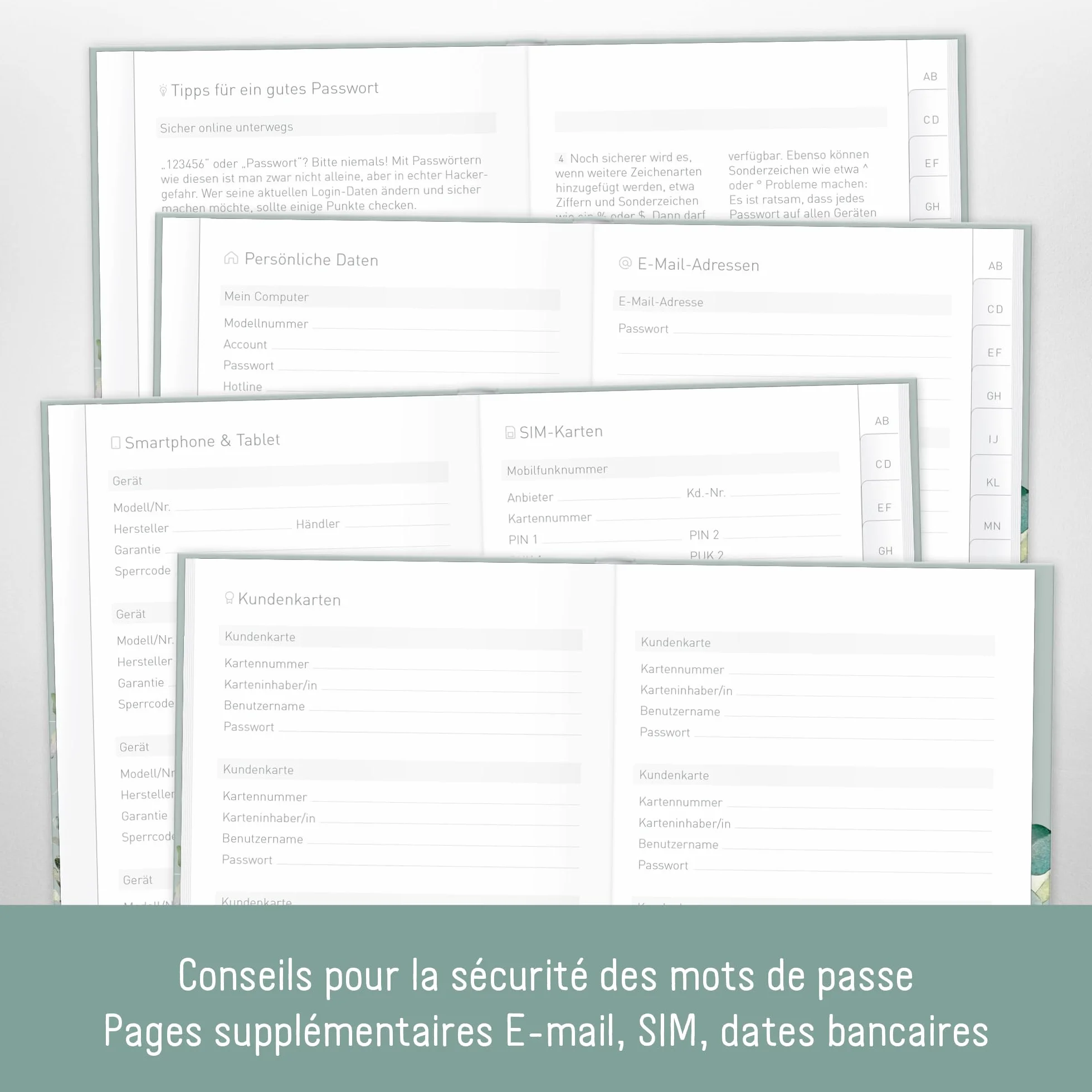 paper&you Livre de mots de passe A6+ onglet A-Z Minty Leaves 320 données gestionnaire petit durable