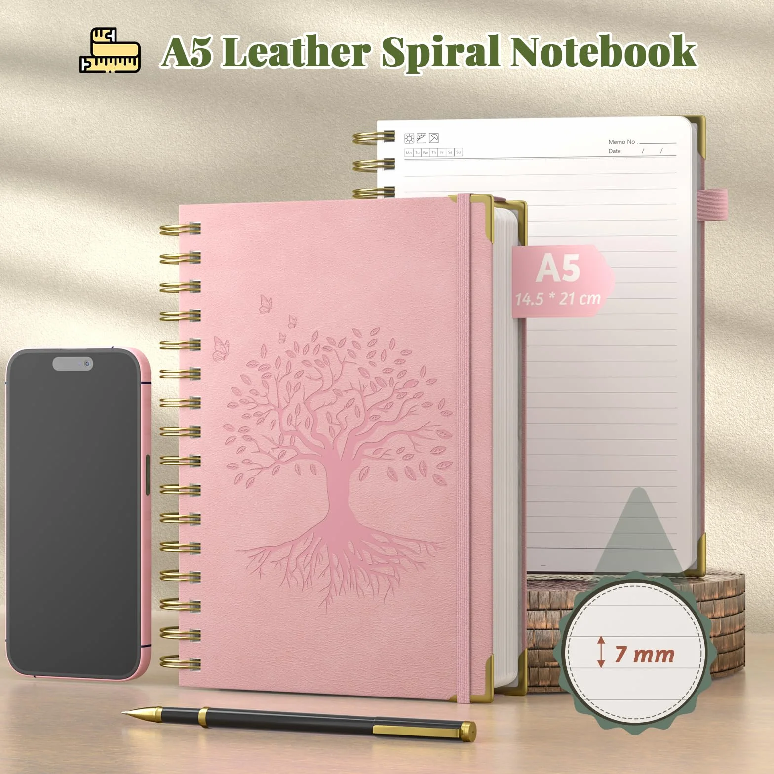 Carnet A5 à spirale couverture rigide avec stylo, papier 100 g/m², 14,5 x 21 cm - Rose
