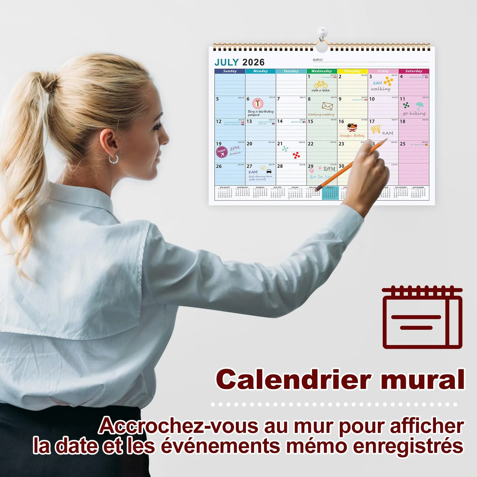 Calendrier Familial Juillet 2026 à Décembre 2027, A4 Mural Mensuel Bureau, Agenda Planning Organisateur avec Bobine, Autocollants