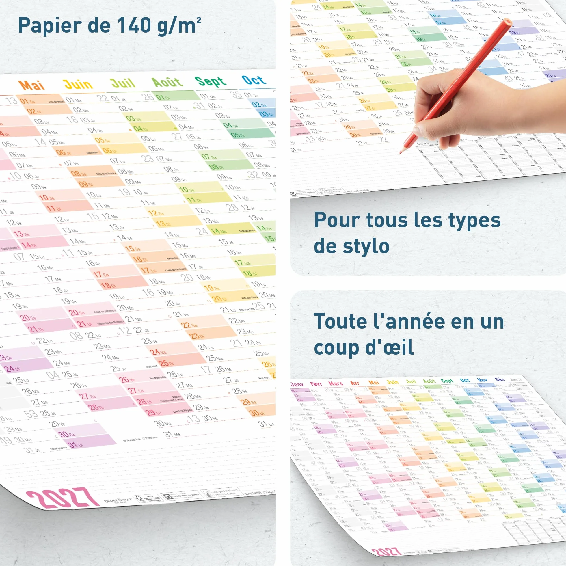 Häfft® Calendrier mural XXL 2027 A1+ papier français 63 x 89 cm plié Rainbow + agenda annuel A4 gratuit jours fériés France