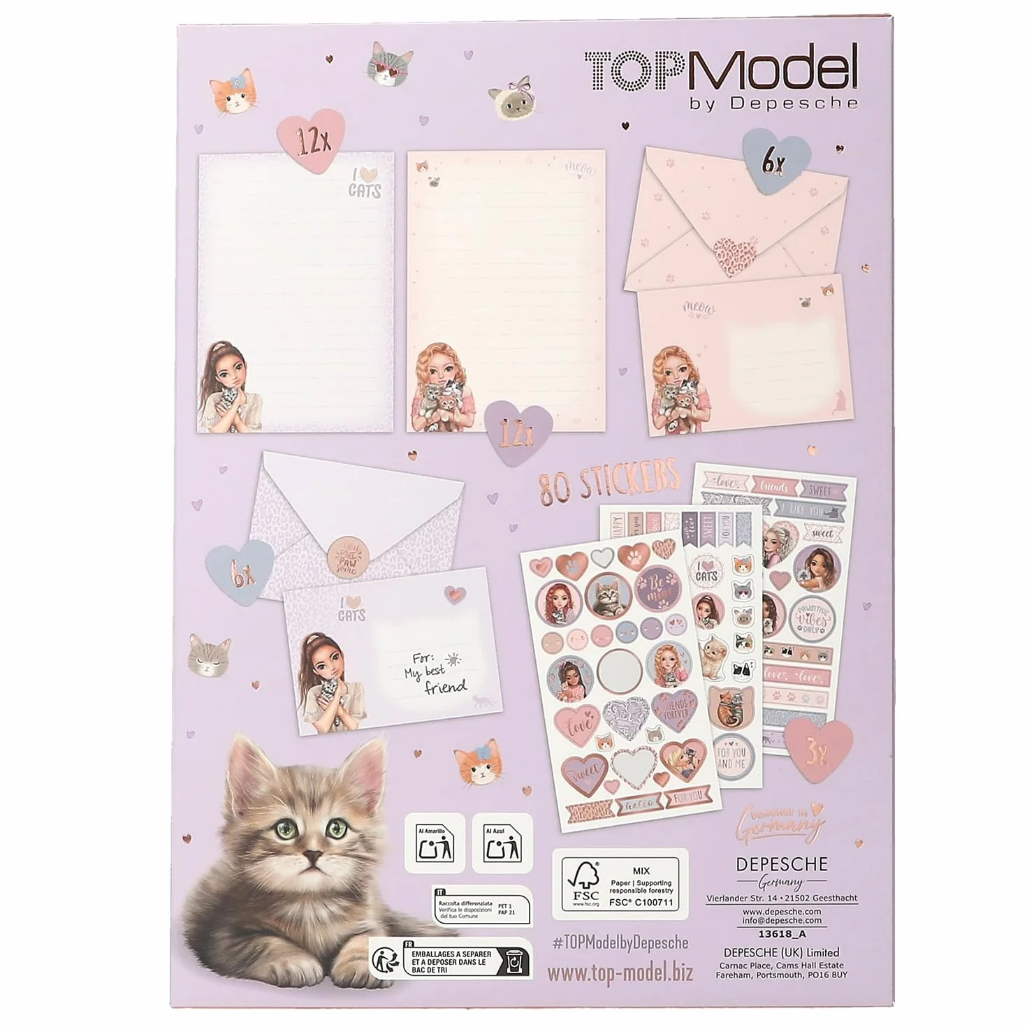 Depesche TOPModel Cat Love Papier à Lettres Set Pochette Motif Chats Feuilles Enveloppes Autocollants
