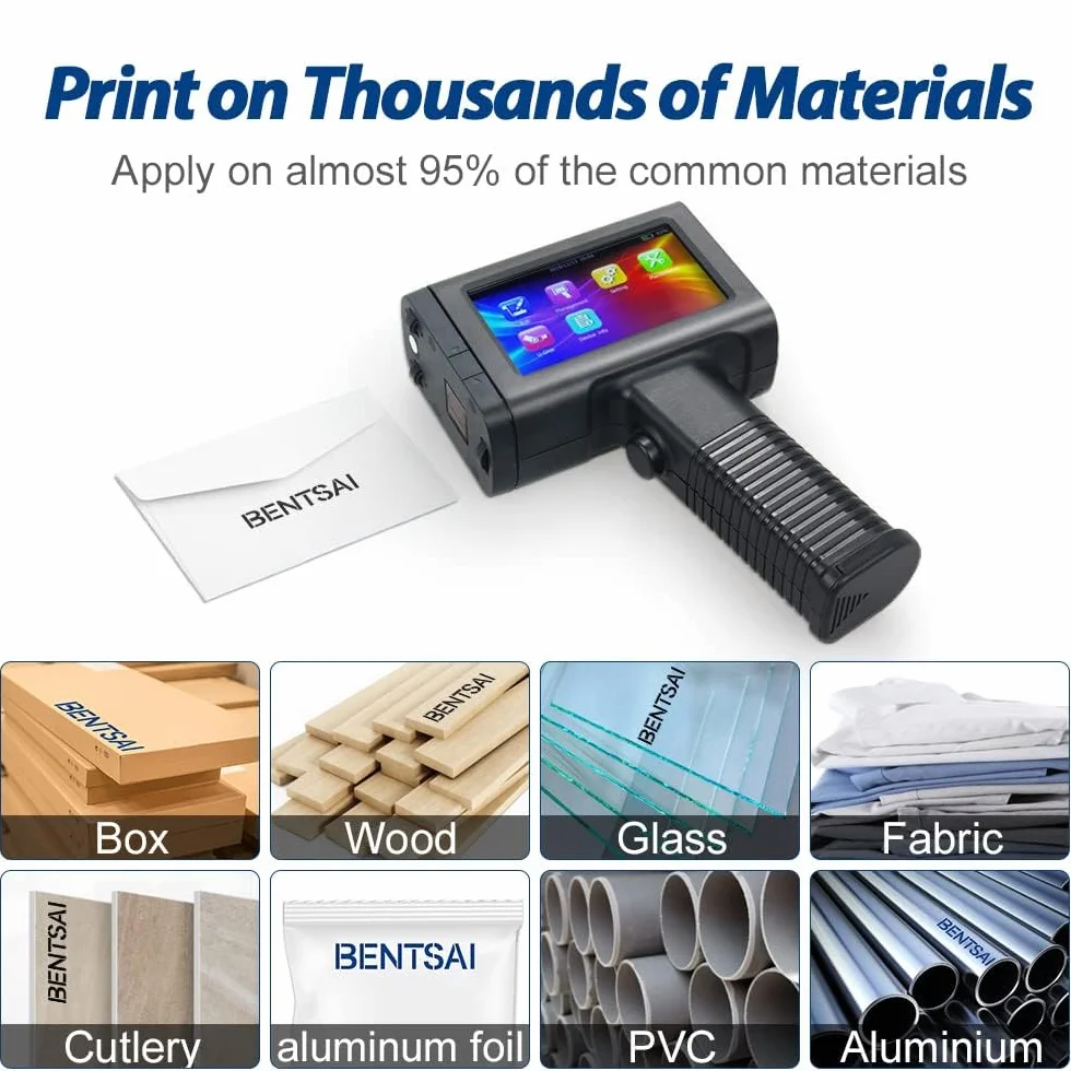 BENTSAI BT-HH6105B2 Etiqueteuse Portable pour Code-Barres QR Date Logo Numéro de Série Sacs Carton Bois Verre Plastique Bleu