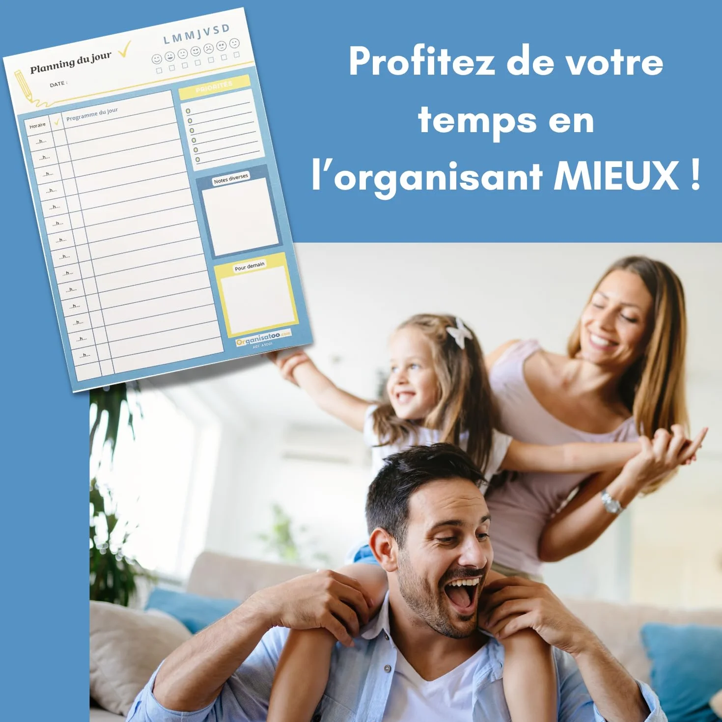 Bloc planning du jour français 50 pages - Planificateur journalier A5 papier activités tâches