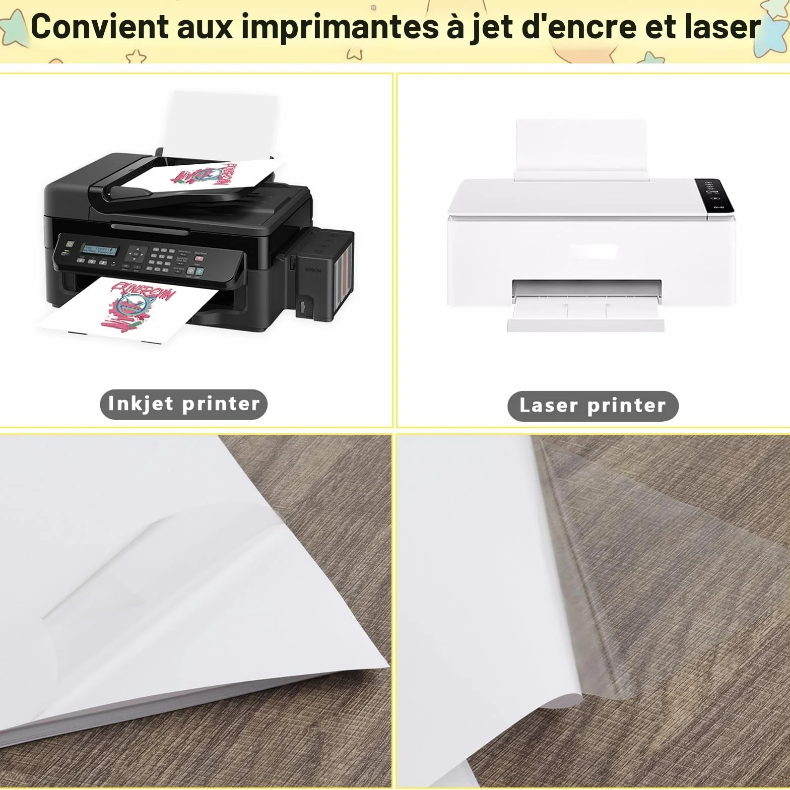 Papier Autocollant Transparent A4 Vinyle Imprimable pour Imprimante Laser et Jet d'Encre, 20 Feuilles