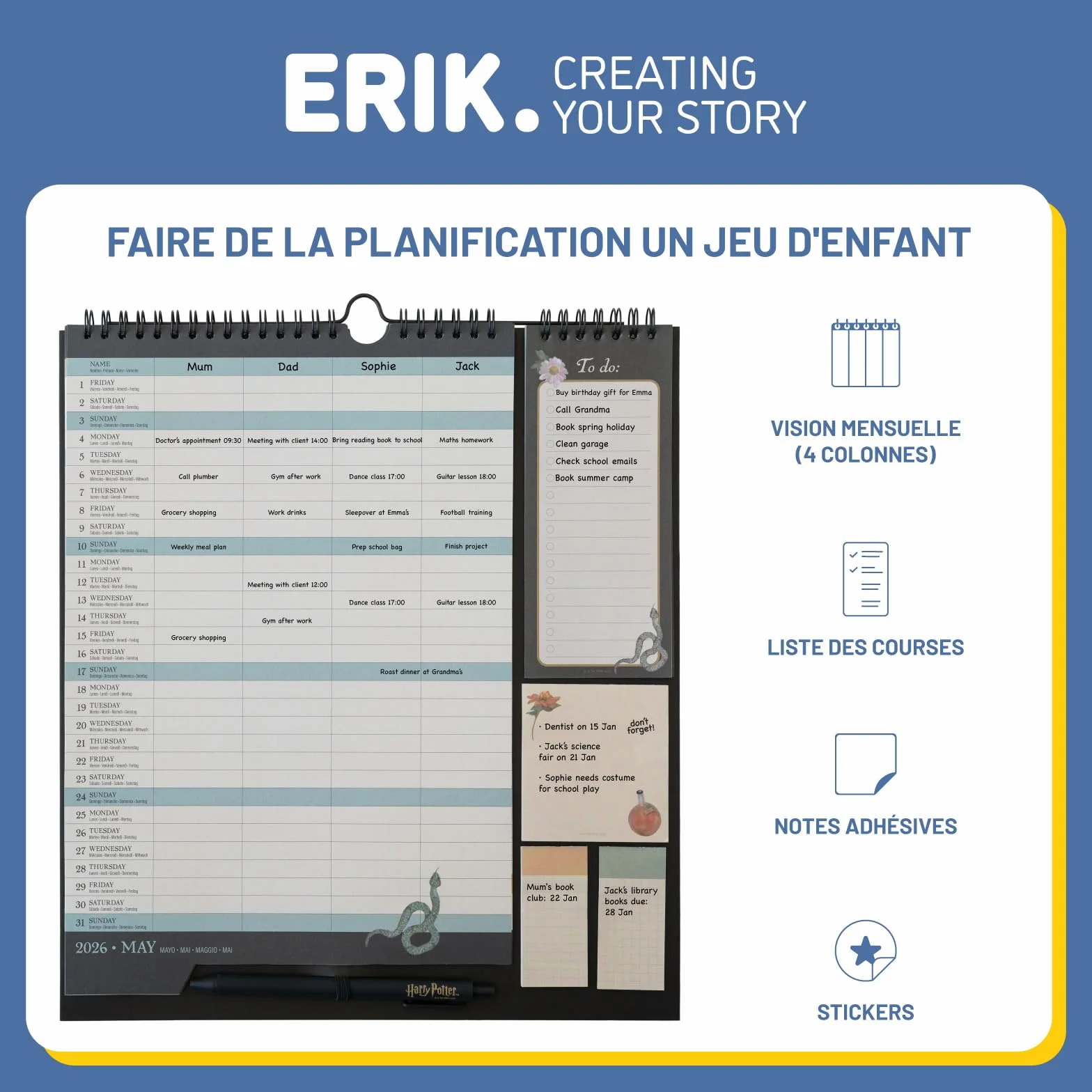 Grupo Erik Calendrier Harry Potter 16 mois Septembre 2025 Décembre 2026 Planificateur Mensuel Familial avec Crochet