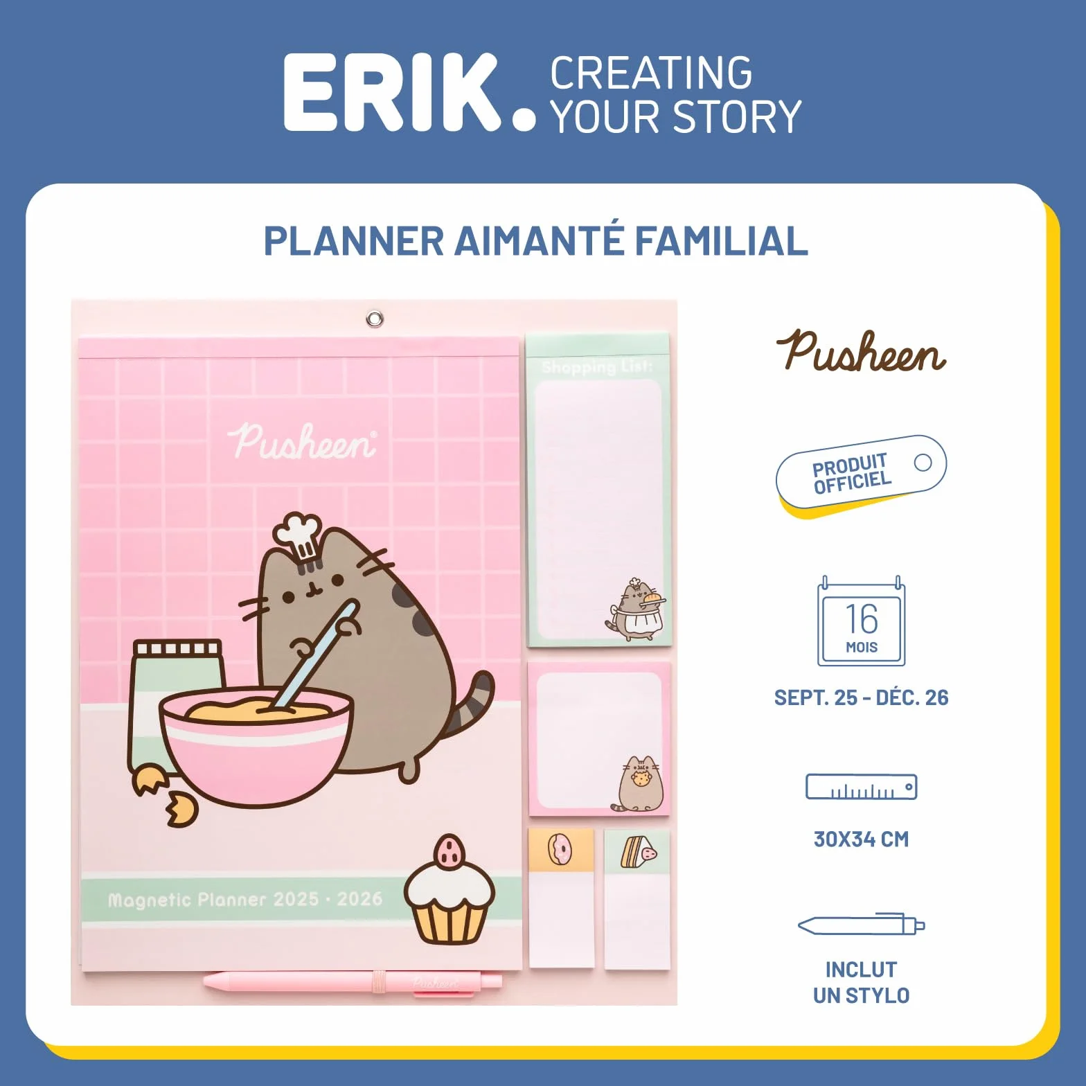 Grupo Erik Calendrier Magnétique Frigo Pusheen Septembre 2025 Décembre 2026 Planificateur Mensuel 16 mois Familial