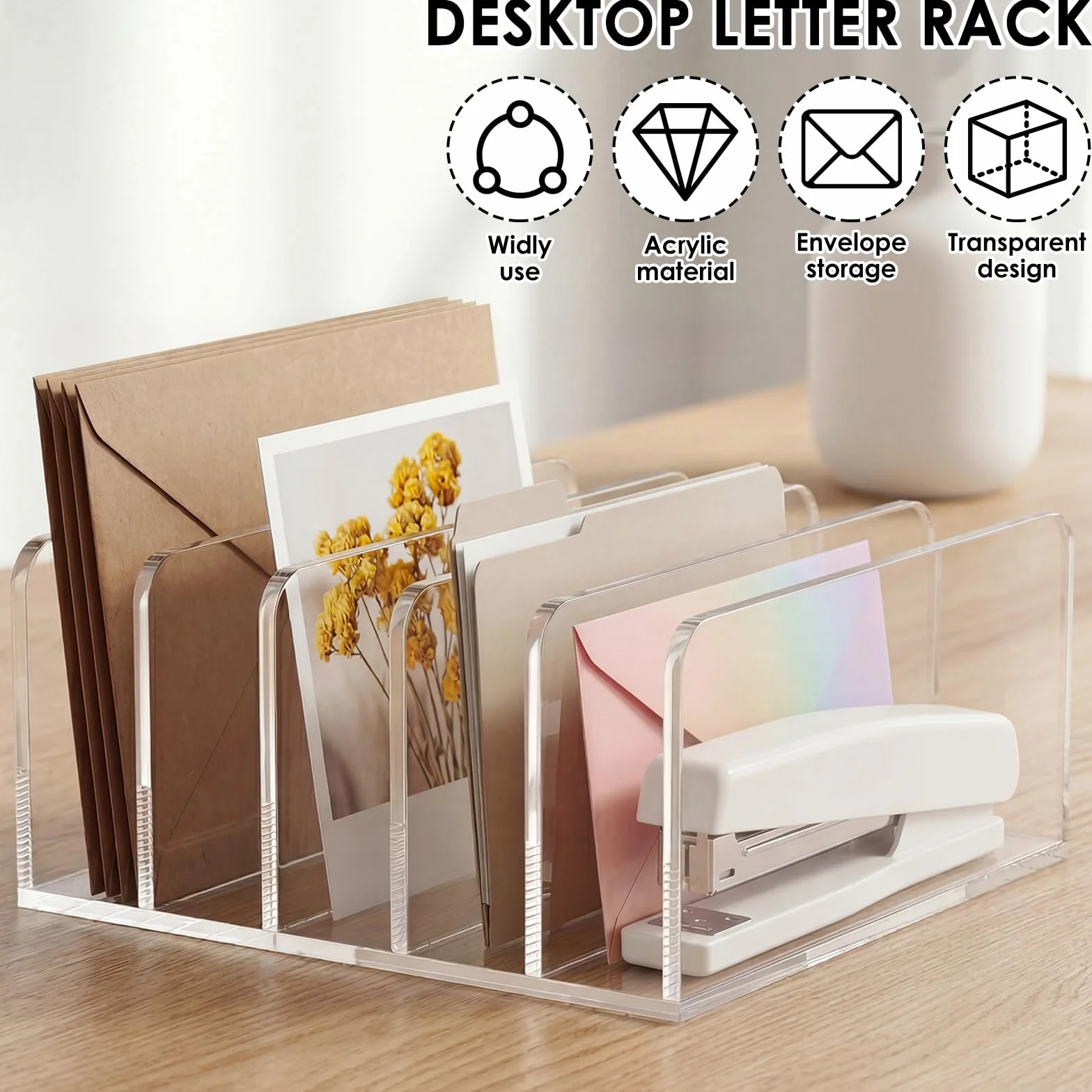 Trieur de Courrier en Acrylique 2 Pièces Letter Holder 5 Compartiments Organiseur de Bureau Transparent