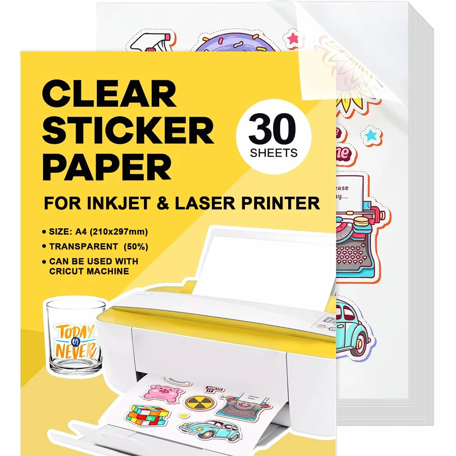 Papier Autocollant A4 Vinyle Imprimable Transparent Imperméable 30 Feuilles 21 x 29,7 cm