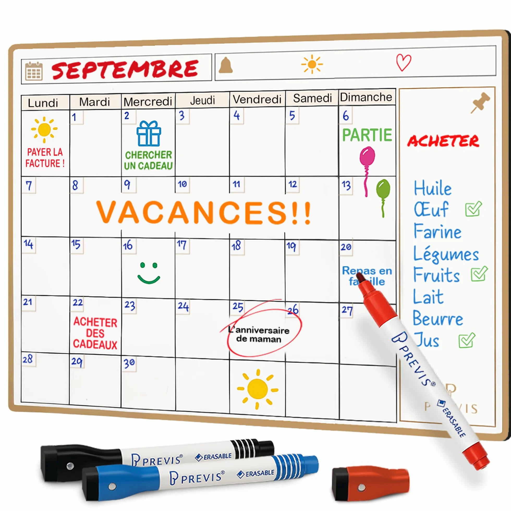 Previs Calendrier Magnetique Frigo A4 (21x29cm) avec 3 Marqueurs Premium - Planning Magnetique Familial 2025 2026