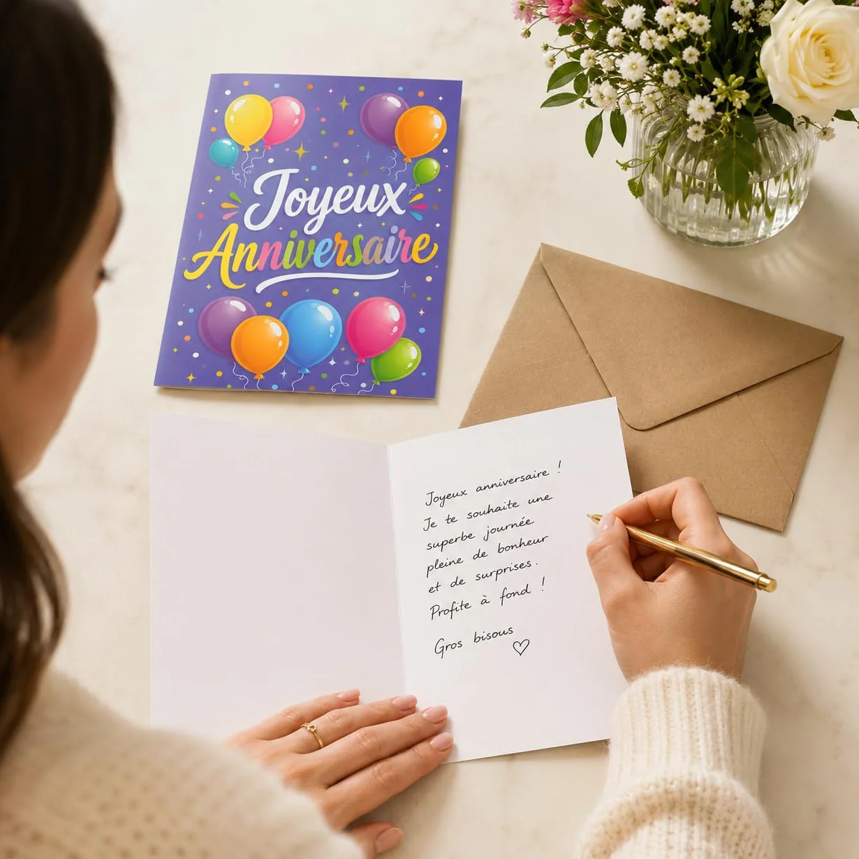 Lot de 12 cartes d’anniversaire en français avec enveloppes kraft recyclées, designs A6, papier cartonné nacré
