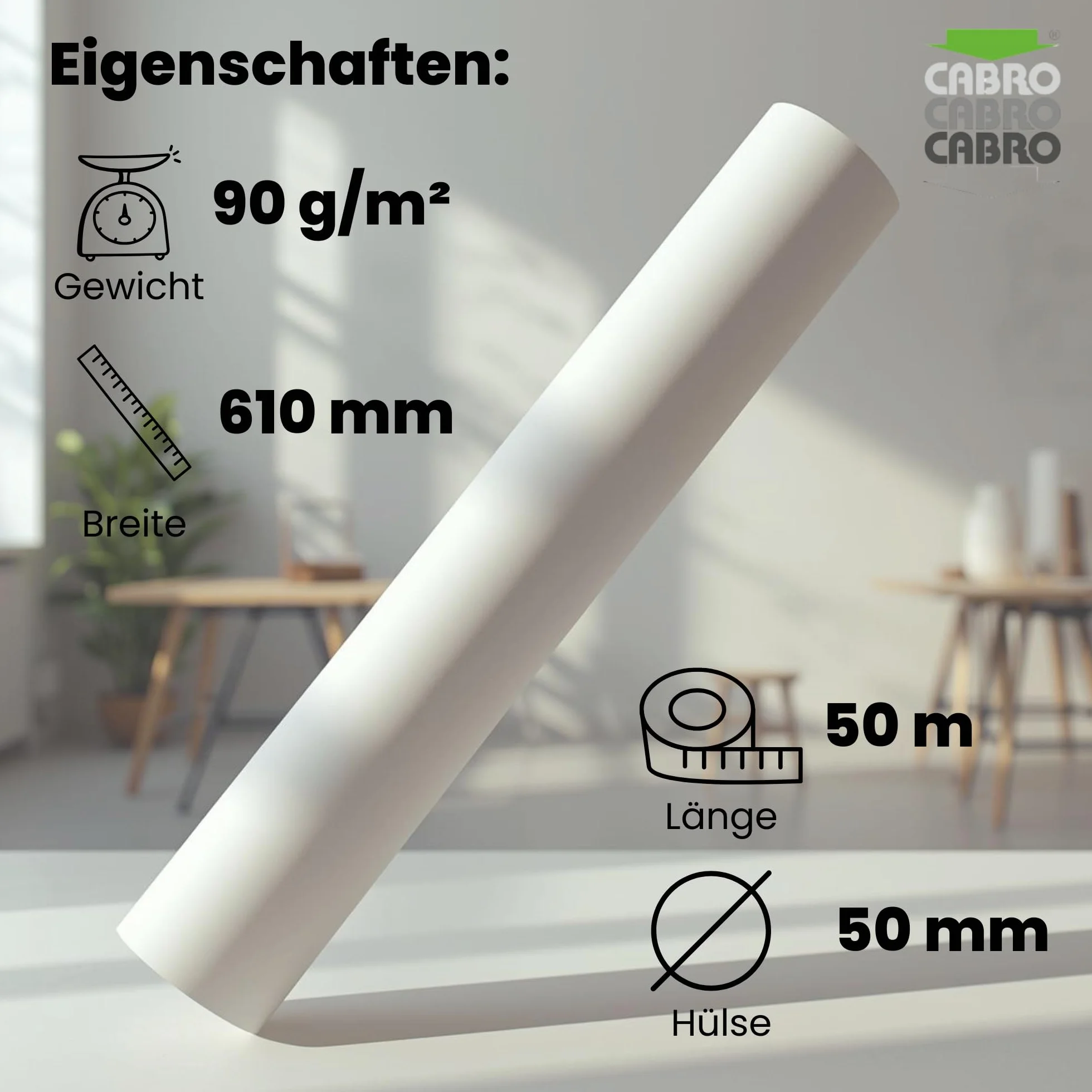 CABRO Papier pour traceur Color 90 g/m² Rouleau 610 mm x 50 m Gaine 50 mm Papier blanc jet d'encre CAO