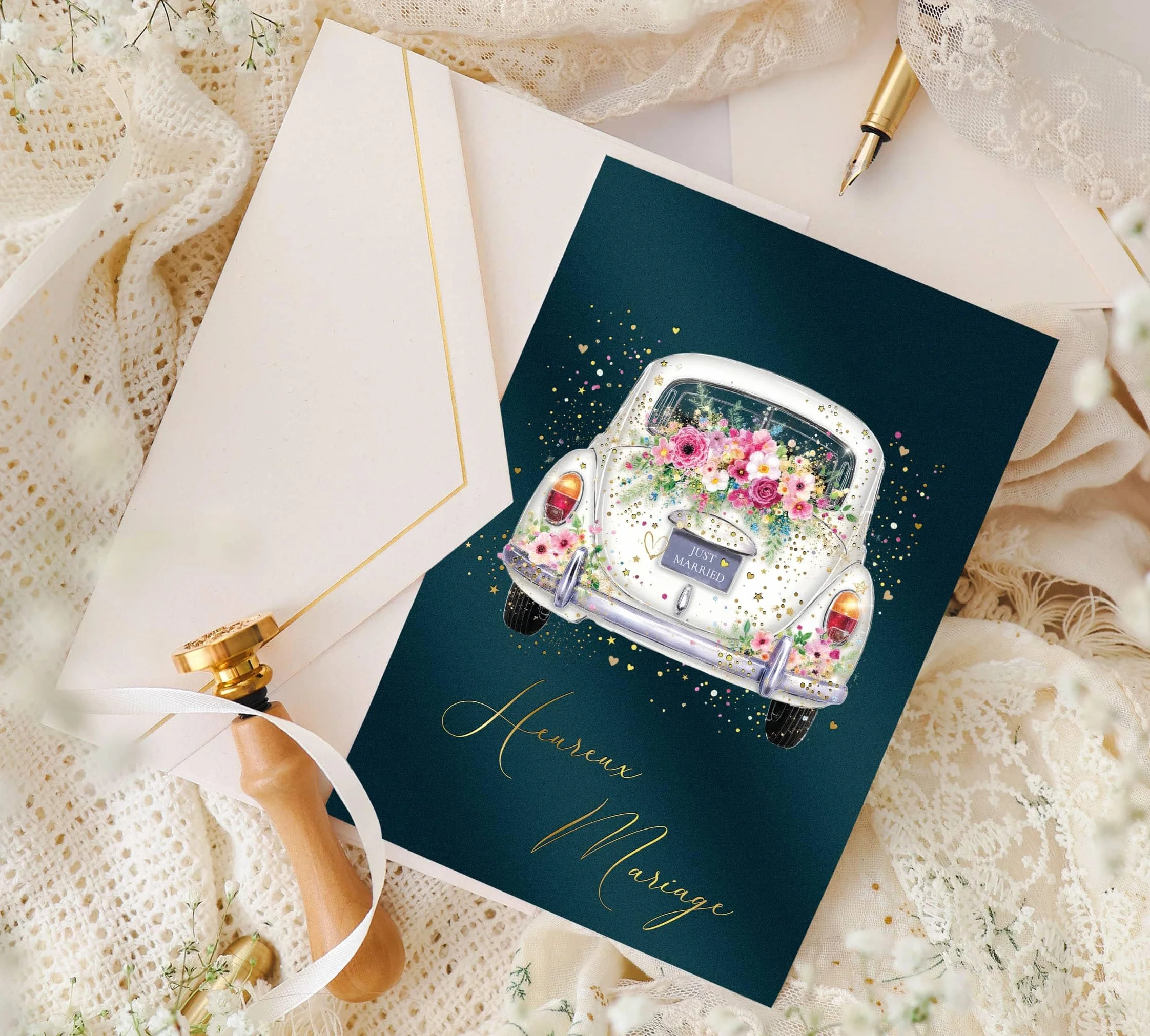 Joli Coon Papeterie Carte de mariage STARDUST – Carte de voeux mariage avec enveloppe en papier premium et cachet de cire - 17 x 11,5 cm