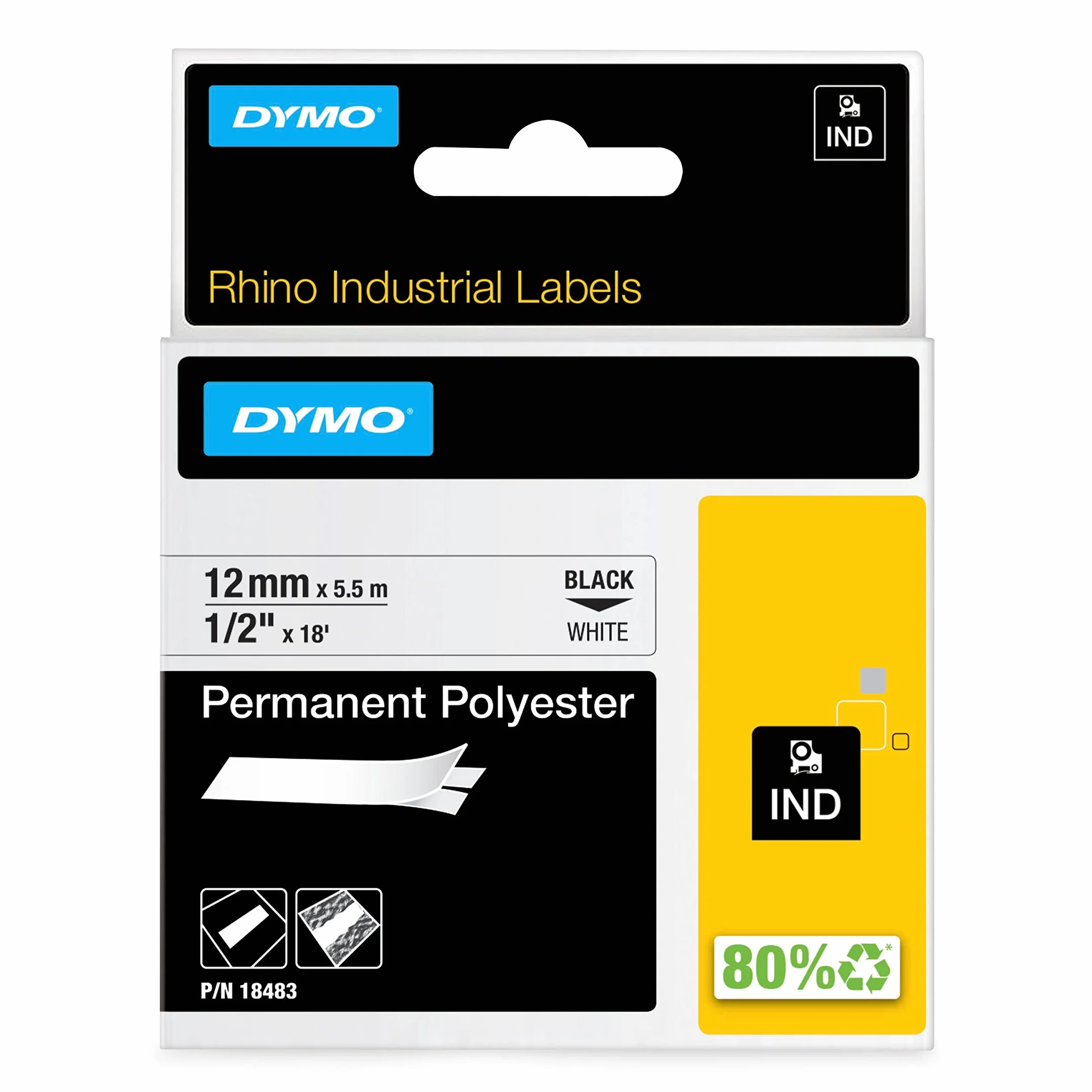 DYMO Rhino Étiquettes Industrielles polyester permanent 12 mm x 5,5 m autocollantes Noir sur blanc