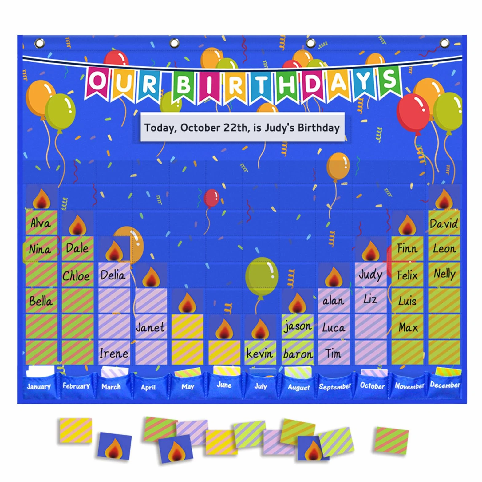 Tableau de poche Happy Birthday 90 cartes 78,7 x 63,5 cm Graphique d'anniversaire pour maternelle