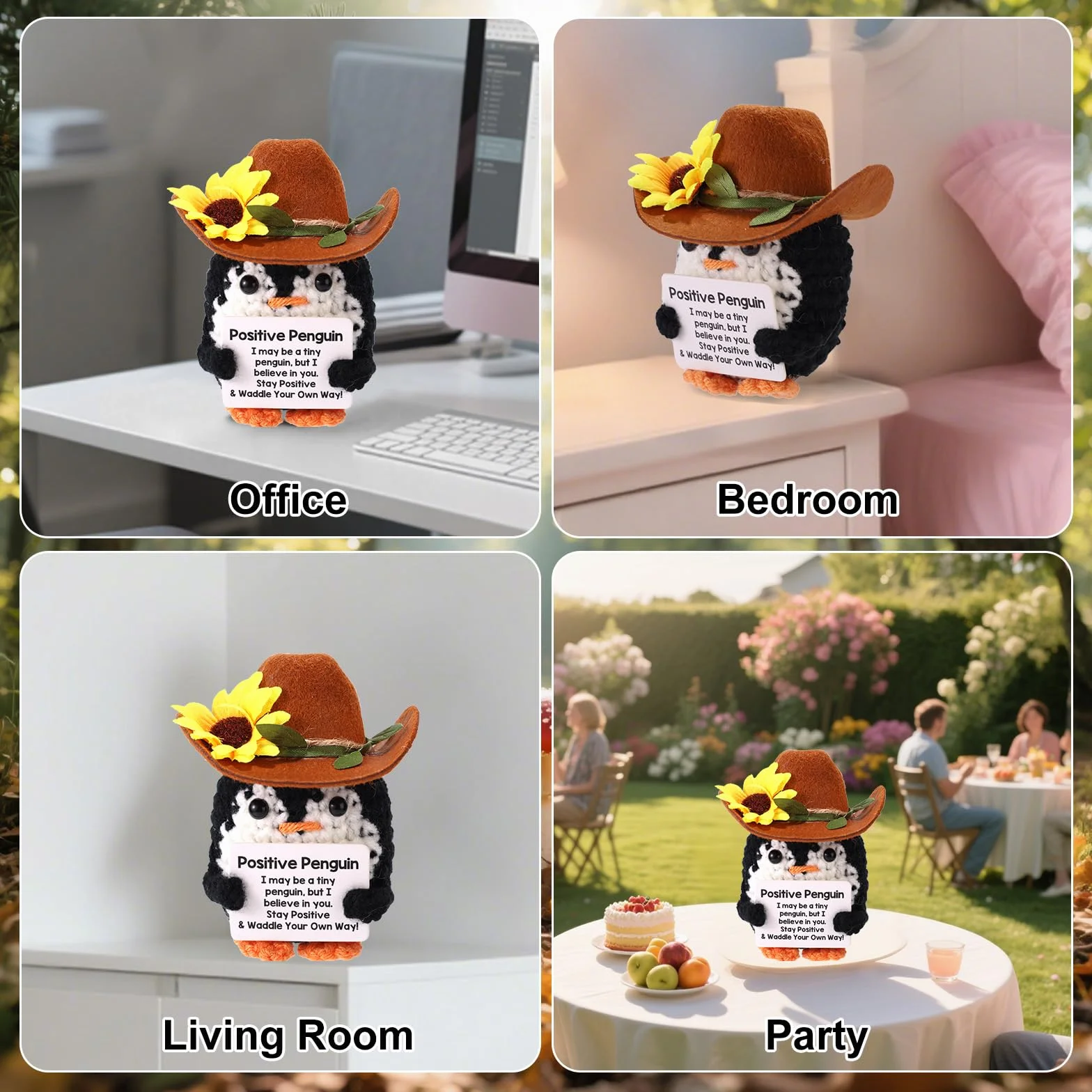 Crochet Pingouin Positif Fait Main avec Chapeau de Cowboy Poupée Inspirante Carte Édifiante Décoration Bureau