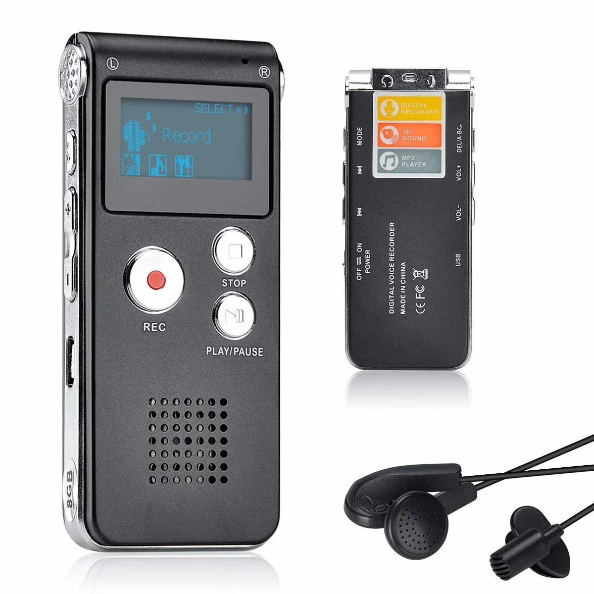 Lychee Dictaphone Enregistreur Vocal Numérique 8GO Portable, Lecteur MP3 Audio à Double Microphone Noir