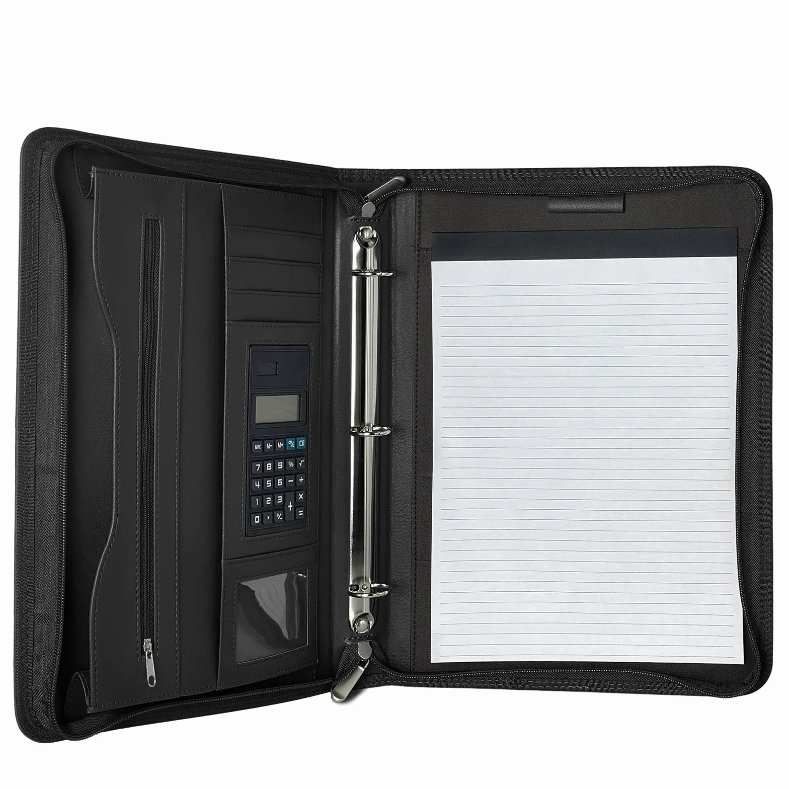 Porte Document à anneaux en O, Portfolio en Cuir PU avec Calculatrice, Noir