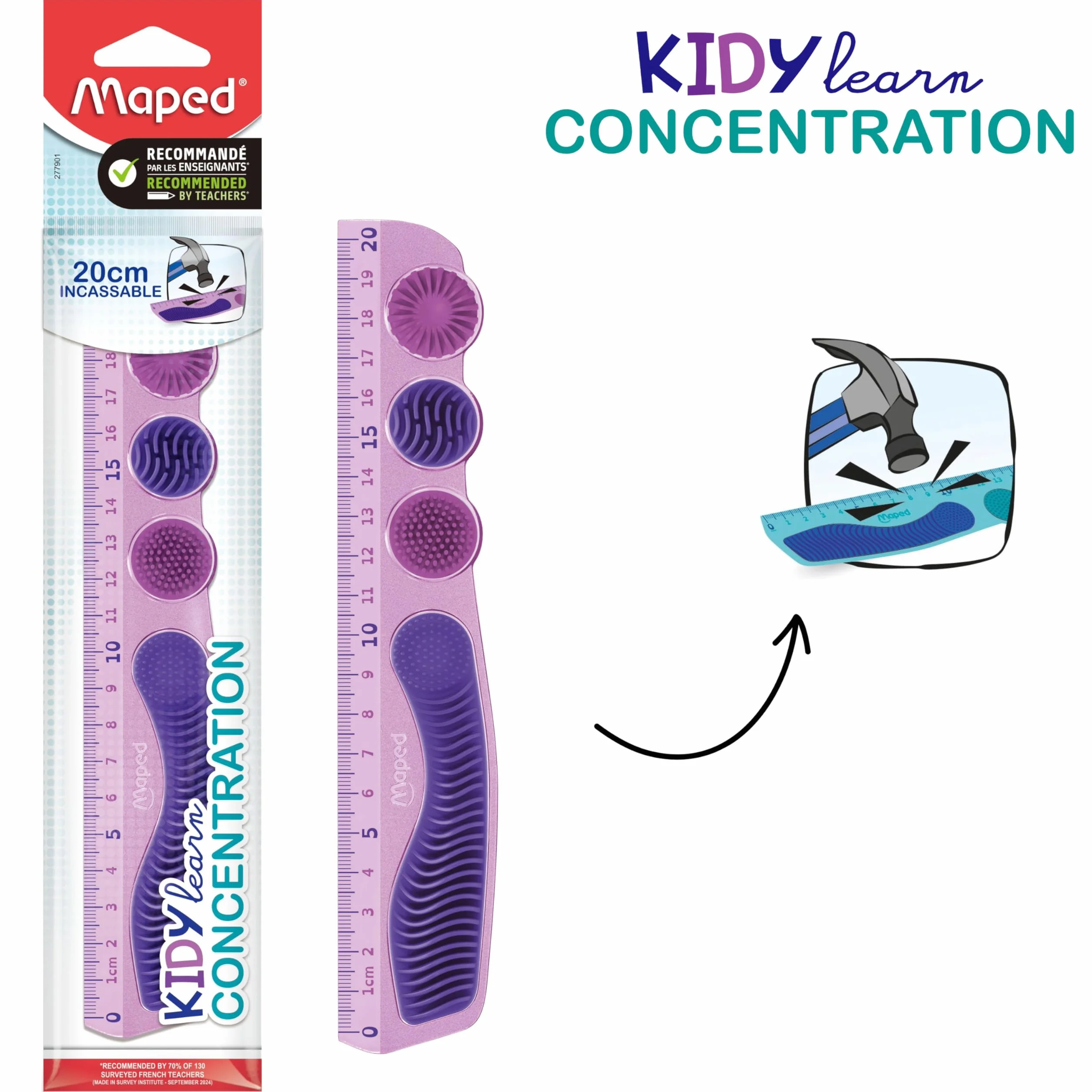 Maped Règle 20cm Kidy Learn Concentration Violette PET Incassable Zones Tactiles Grip Graduation Contrastée