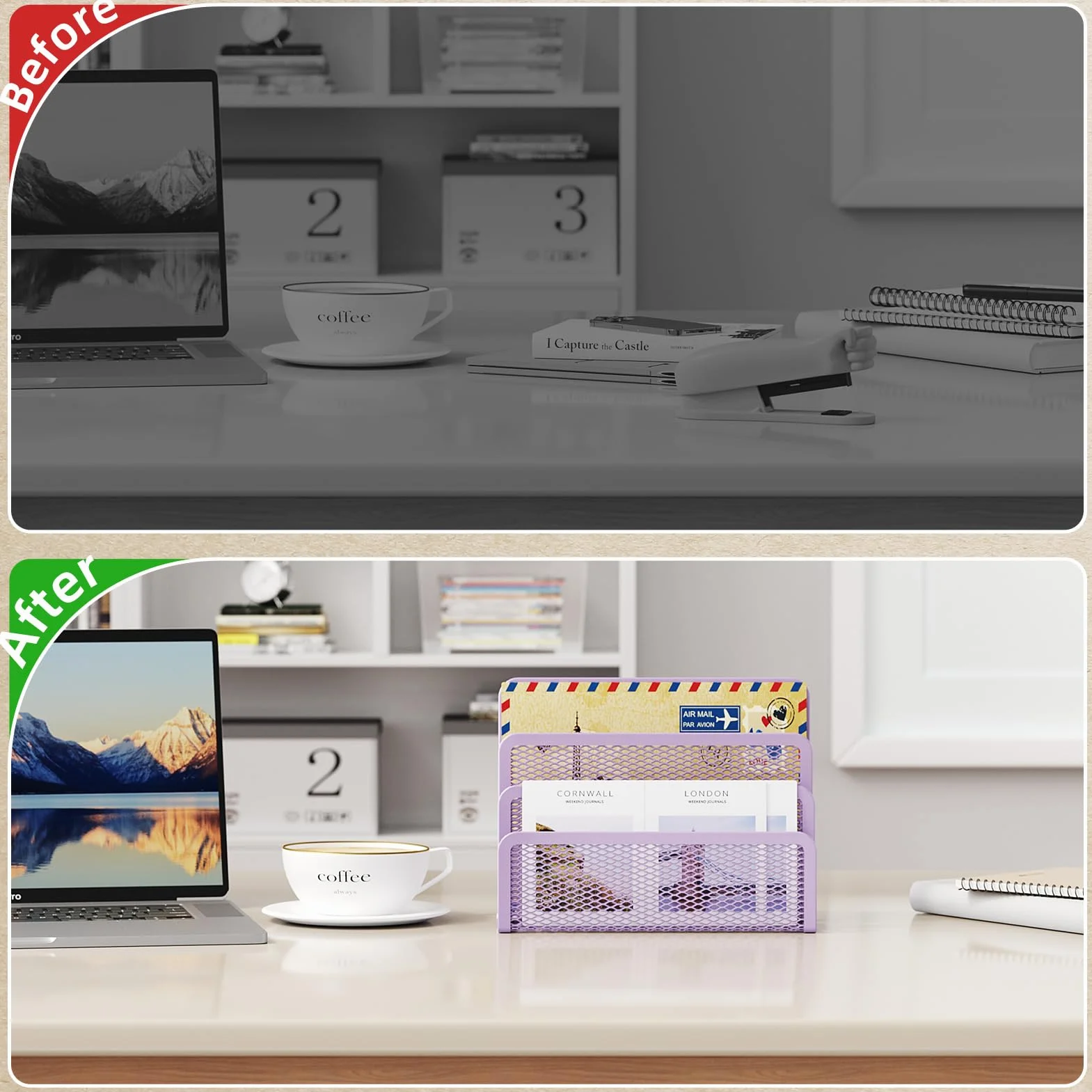 Marbrasse Organiseur de courrier métallique 3 emplacements porte-lettres violet