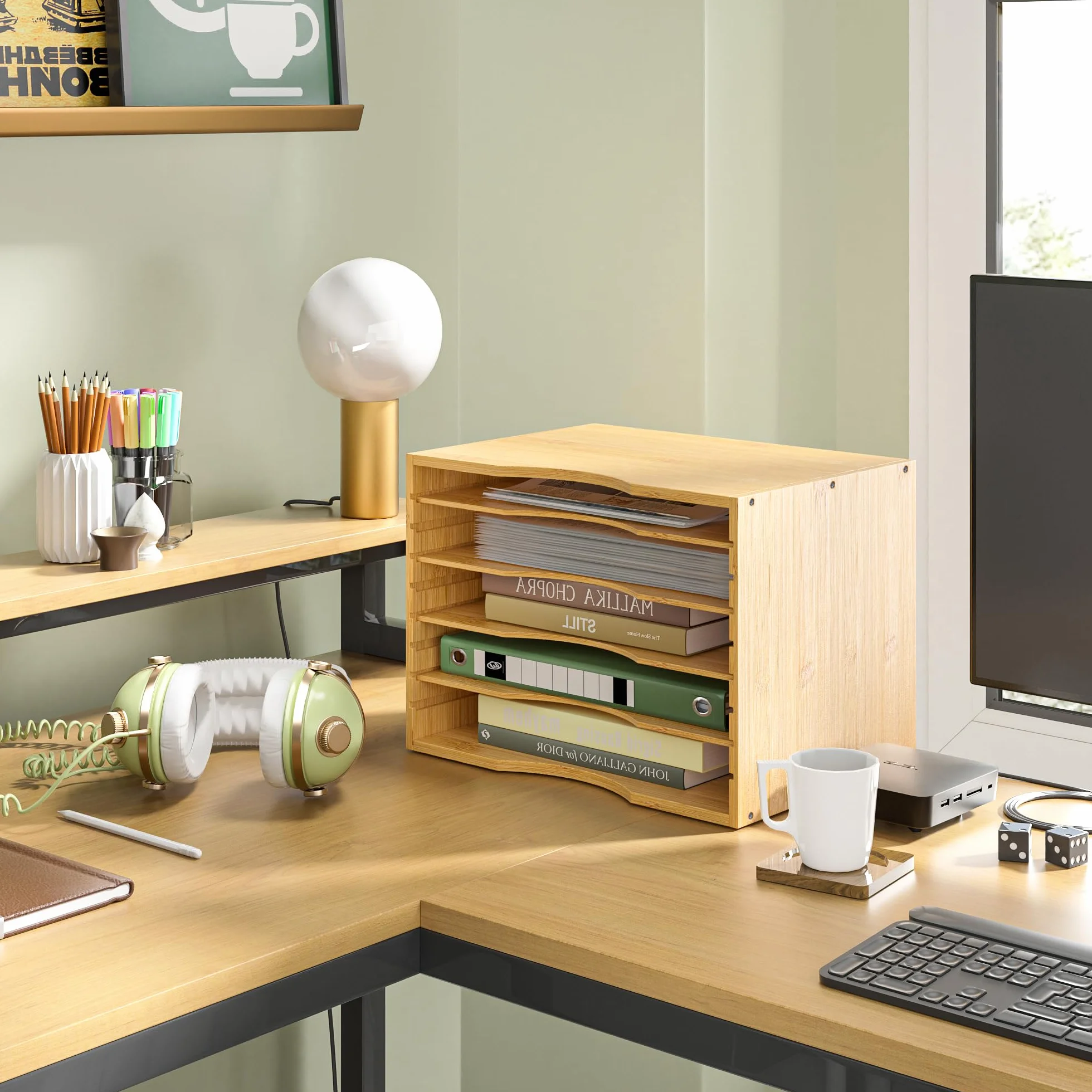 FOREHILL Organisateur de Bureau en Bambou 5 Couches Rangement Documents 36x25x26cm